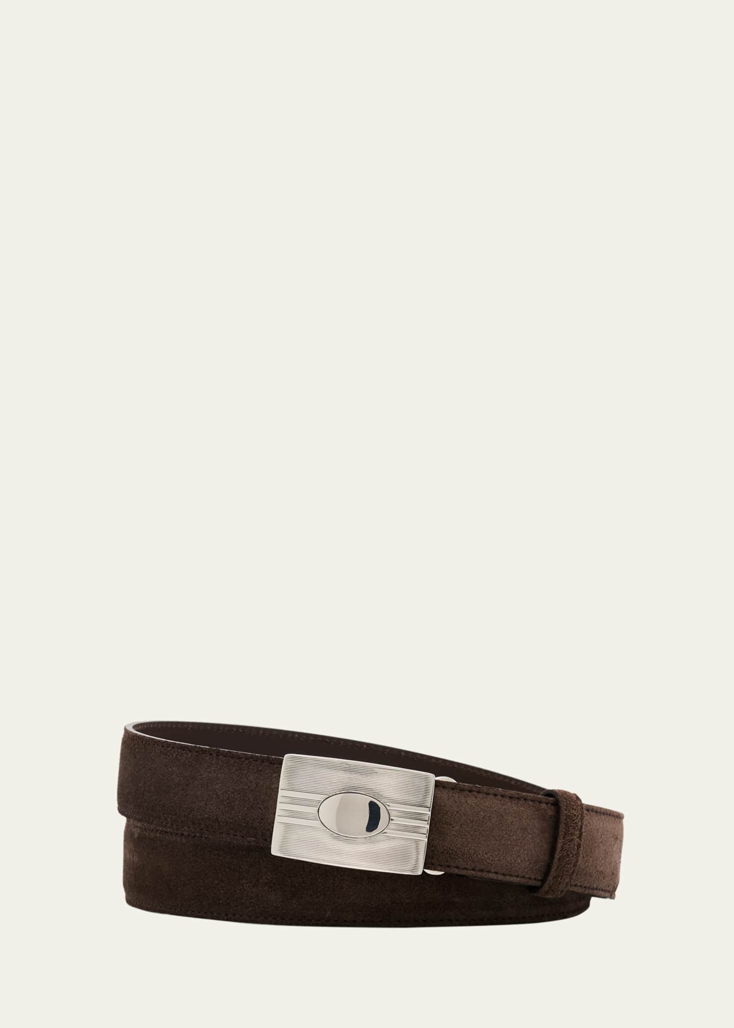 Brunello Cucinelli Men's Suede Rectangle-Buckle Belt Image 1 of 2