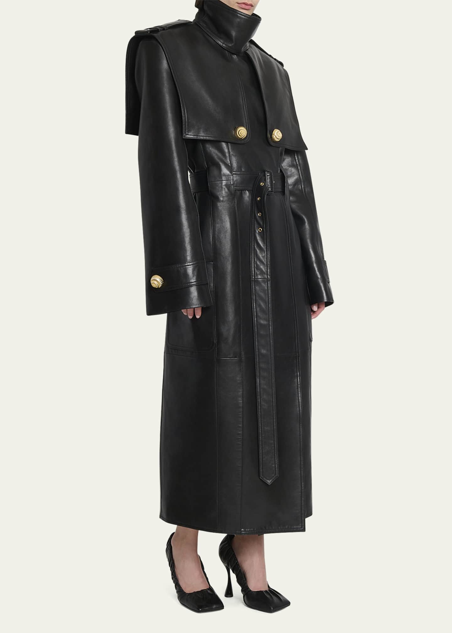 Balmain Double Breasted Belted Leather Trench Coat Black