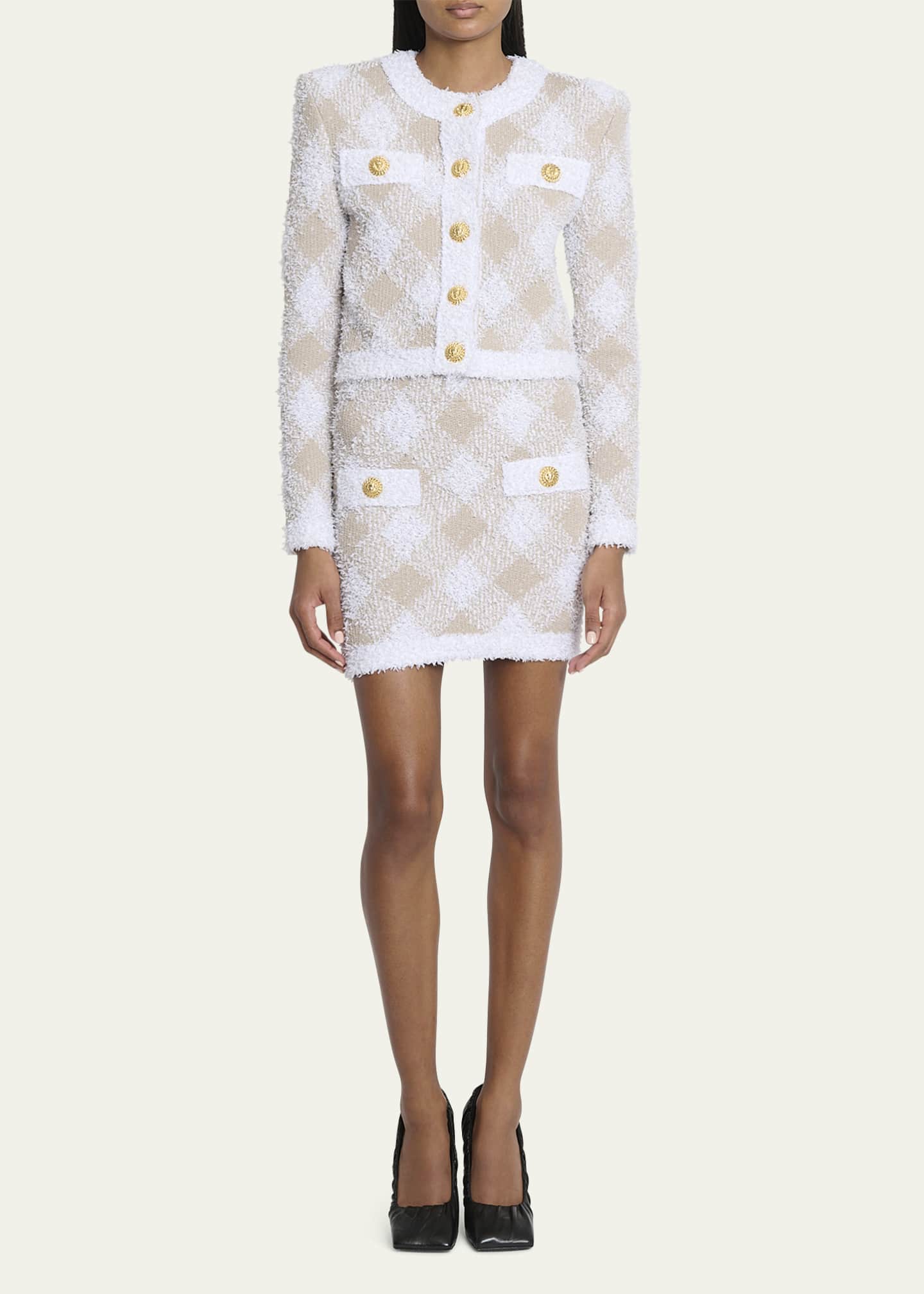 Balmain Vichy Check Tweed Knit Crop Jacket - Bergdorf Goodman