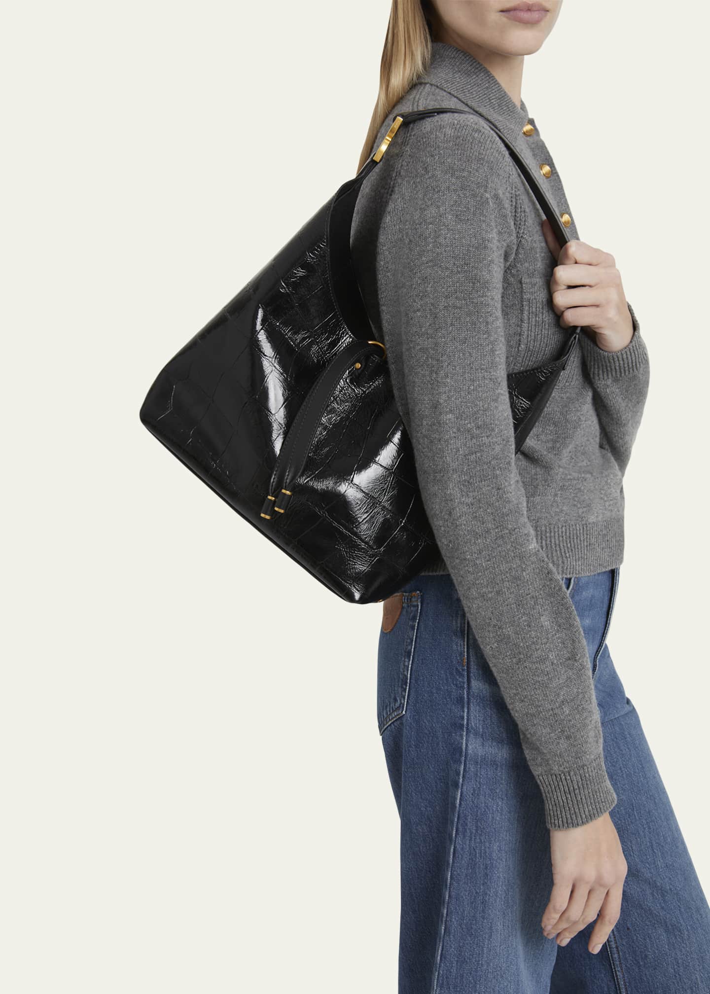 Chloe Marcie Small Hobo Bag in Croc-Embossed Leather Image 2 of 5