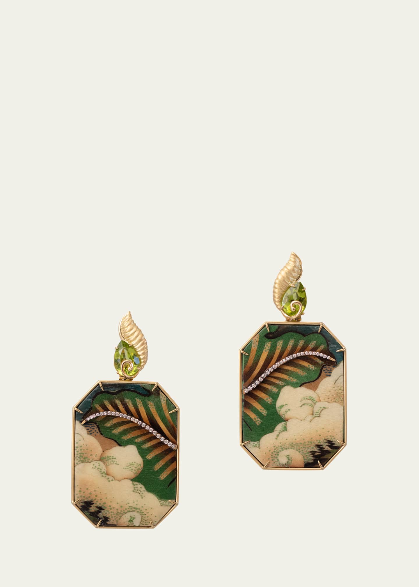 Silvia Furmanovich Marquetry 18K Gold Tibetan Florest Earrings with Periodite and Diamonds