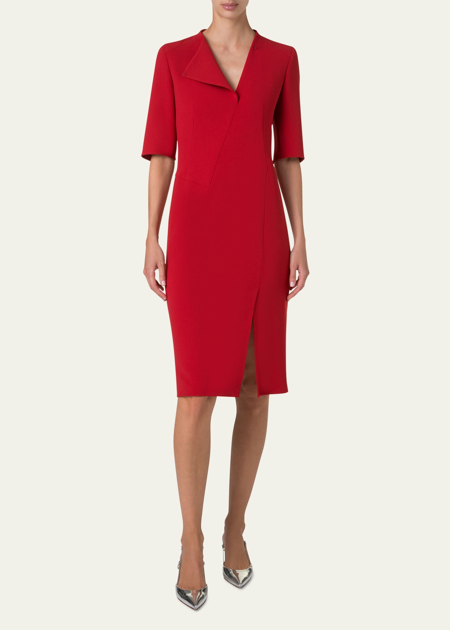 Elbow Sleeve Sheath Wool Dress - Thumbnail 2