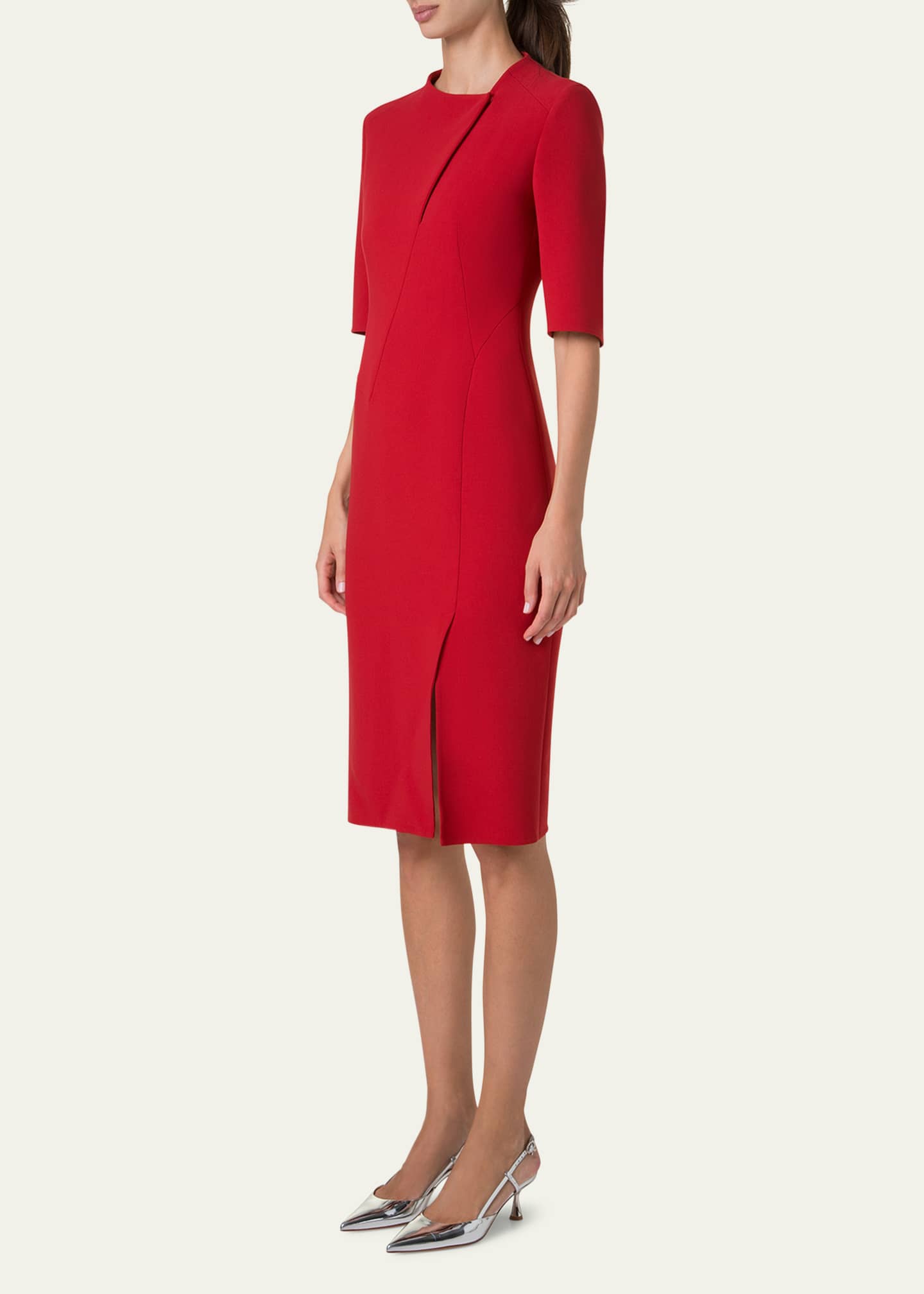 Elbow Sleeve Sheath Wool Dress - Thumbnail 4