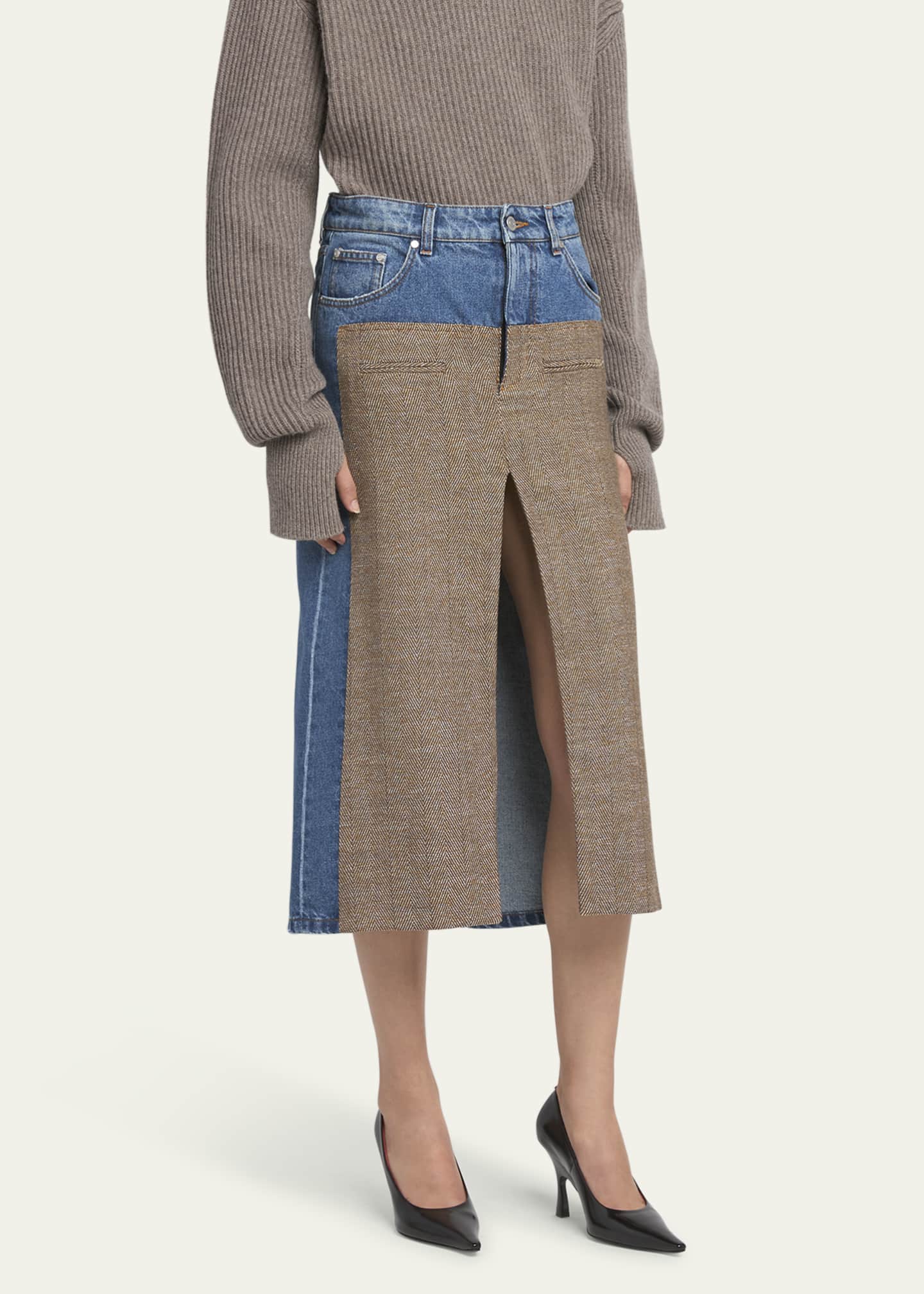 Stella McCartney Tweed and Denim Midi Skirt with Slit Image 4 of 5