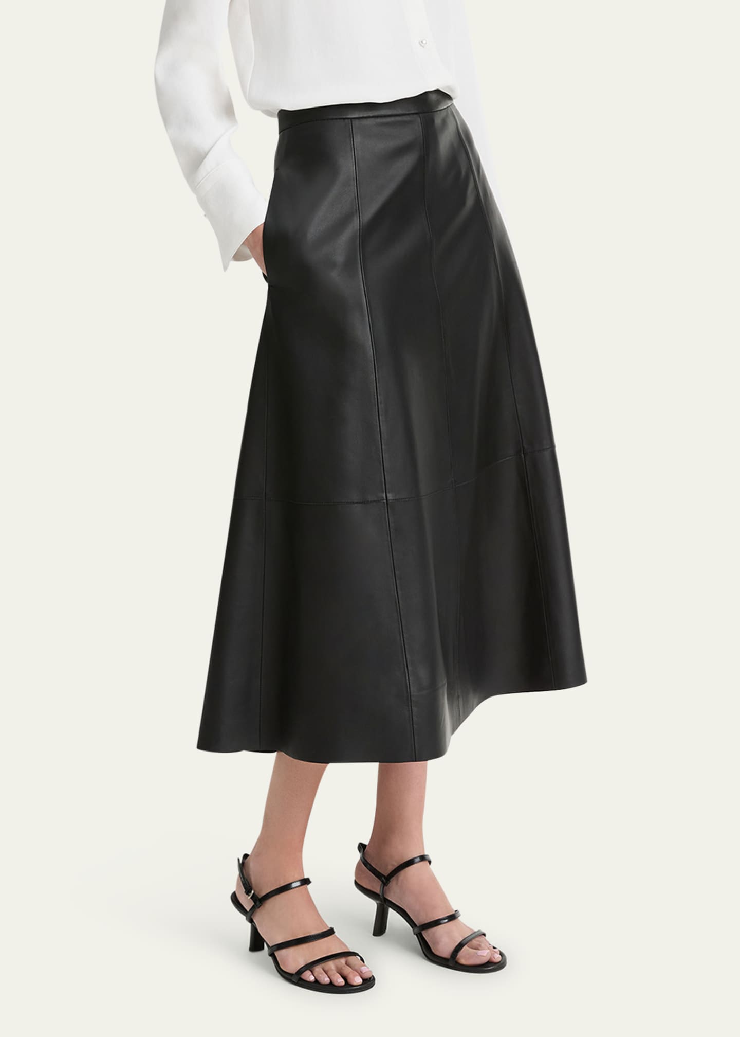 Vince Mid-Rise Flared Leather Midi Skirt Image 4 of 4