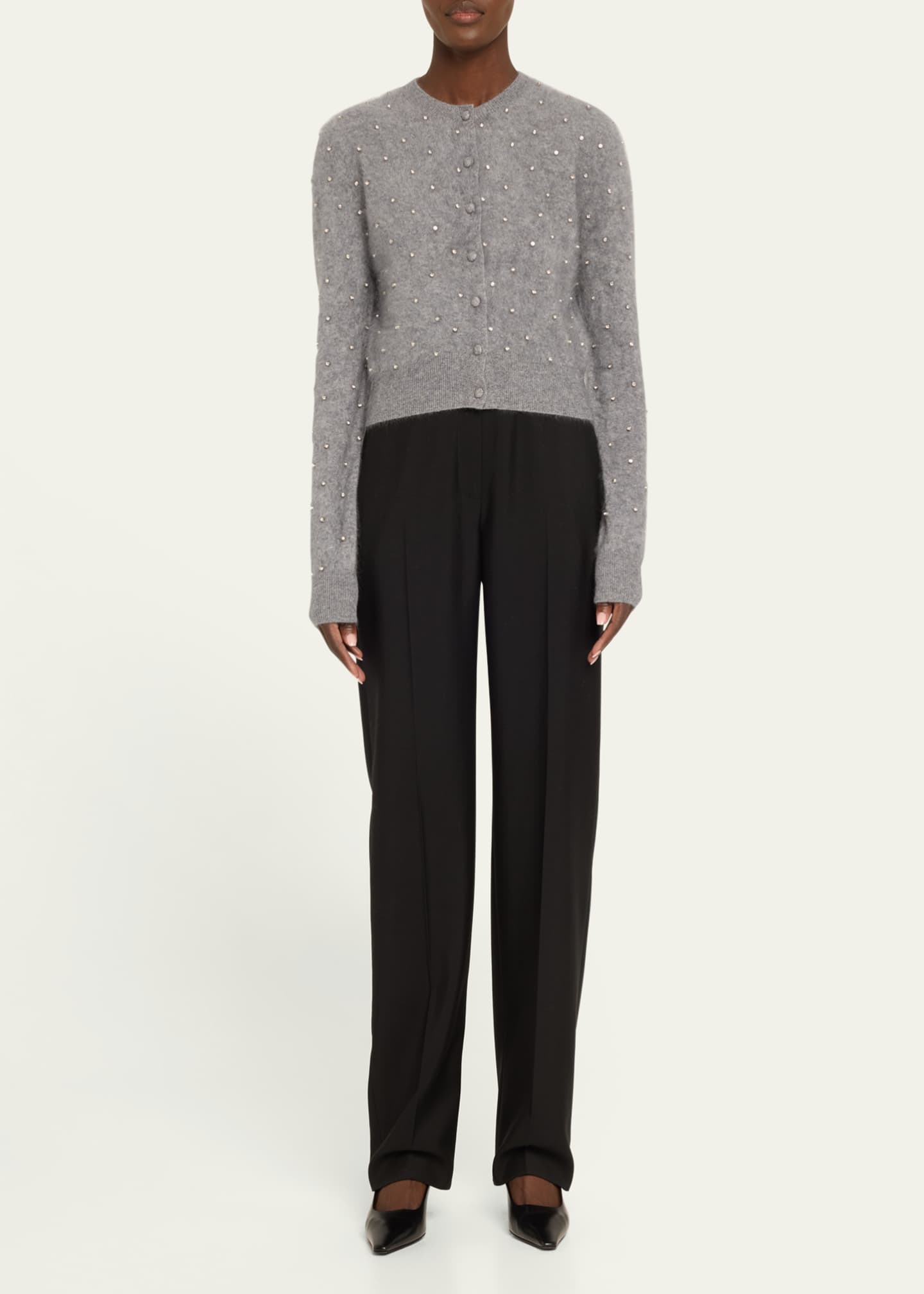 Adam Lippes Crystal-Stud Brushed Cashmere Crewneck Cardigan Image 2 of 5