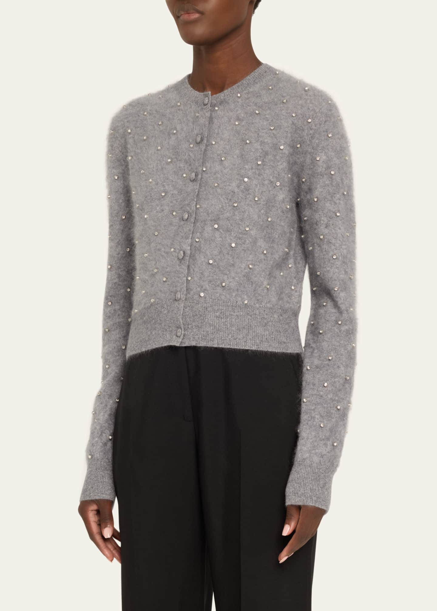 Adam Lippes Crystal-Stud Brushed Cashmere Crewneck Cardigan Image 4 of 5