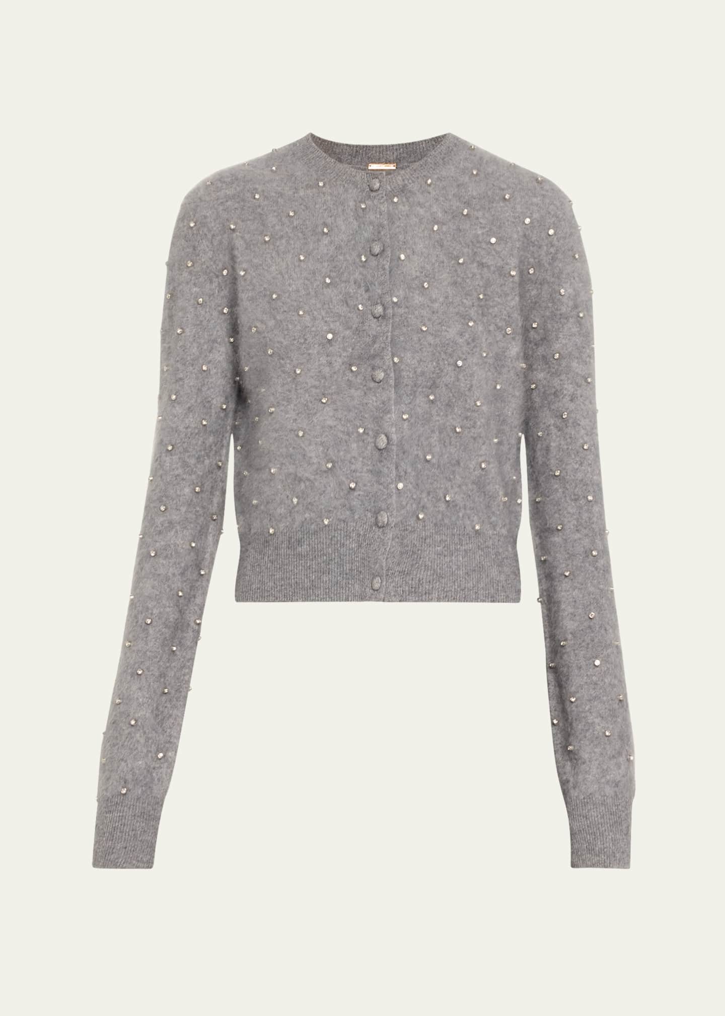 Adam Lippes Crystal-Stud Brushed Cashmere Crewneck Cardigan Image 1 of 5