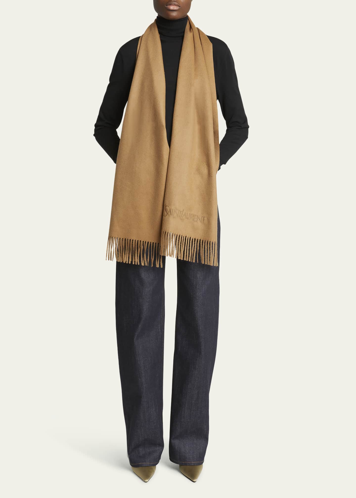 Saint Laurent Embroidered Logo Fringe Cashmere Scarf Image 2 of 4