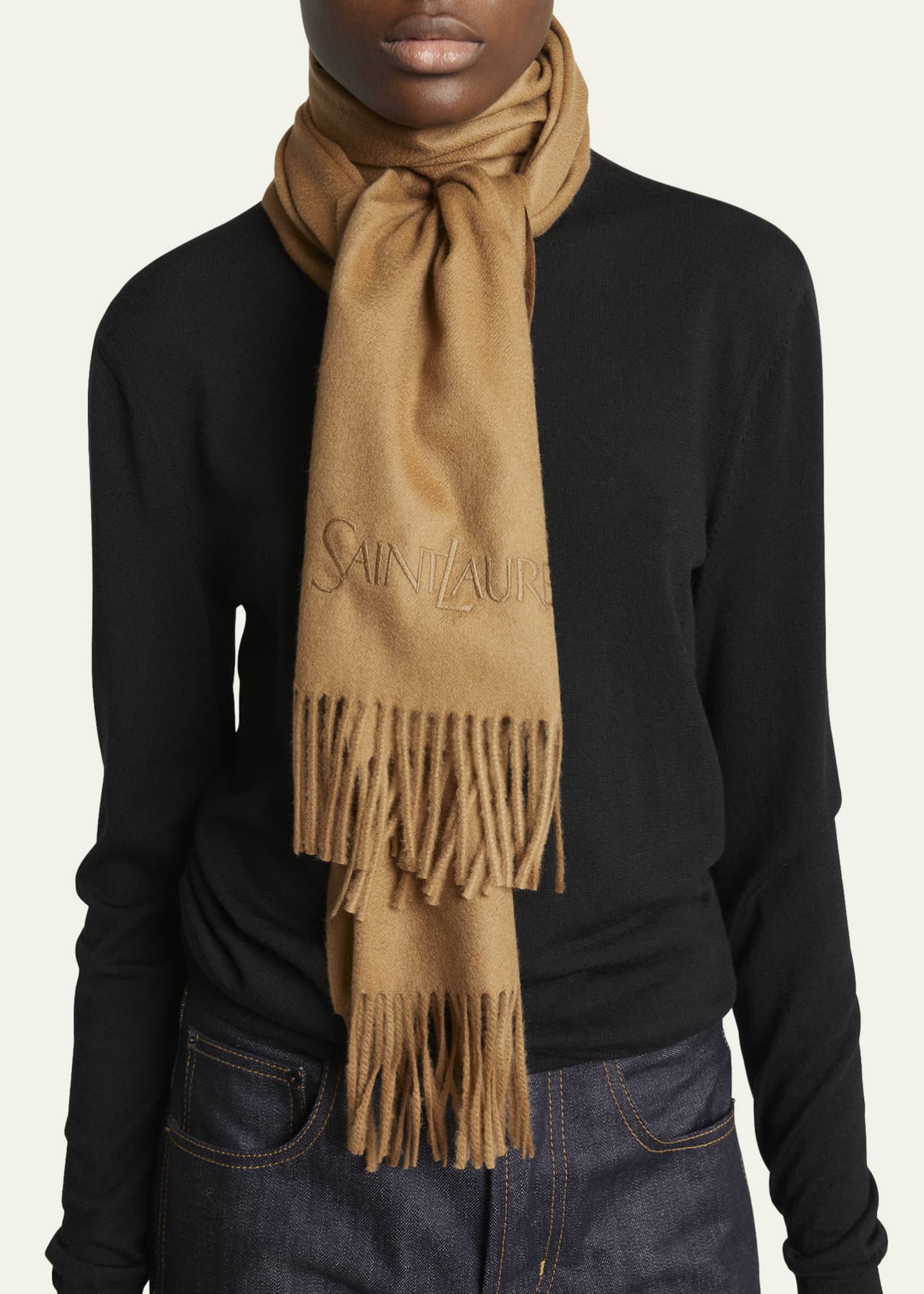 Saint Laurent Embroidered Logo Fringe Cashmere Scarf Image 3 of 4