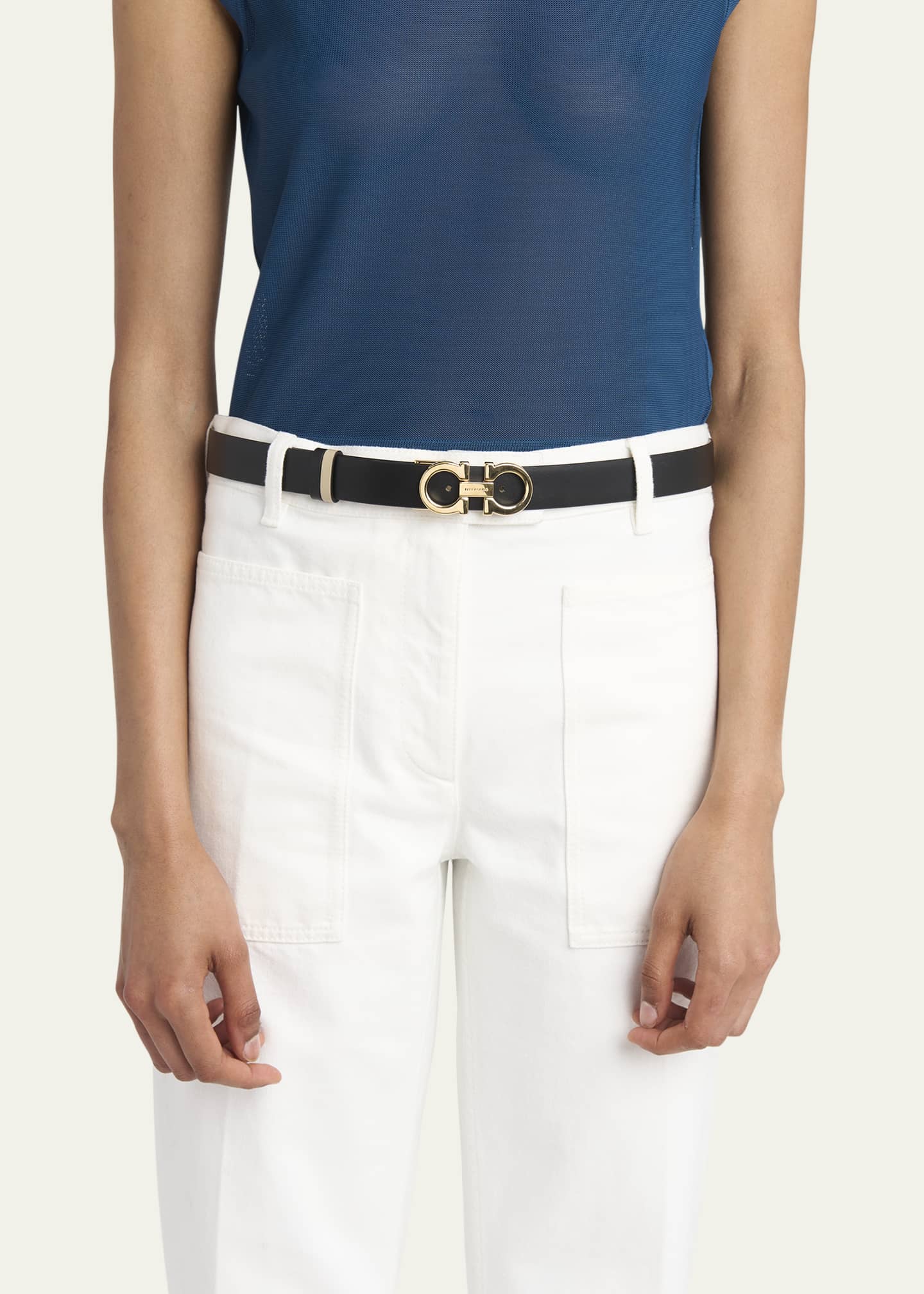 Ferragamo Mediterranean Gancini Leather Skinny Belt Image 2 of 4