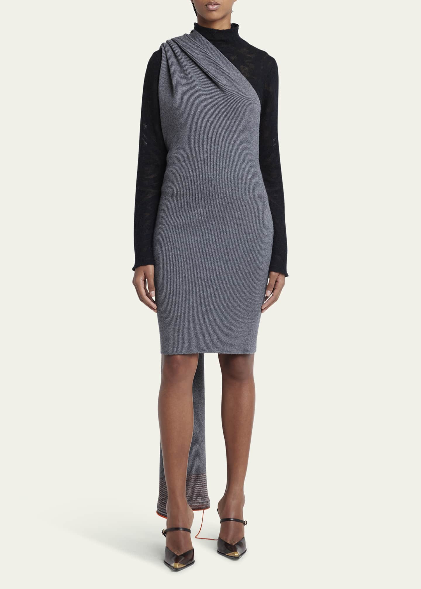 Etro One-Shoulder Scarf Wool Cashmere Dress Image 2 of 5