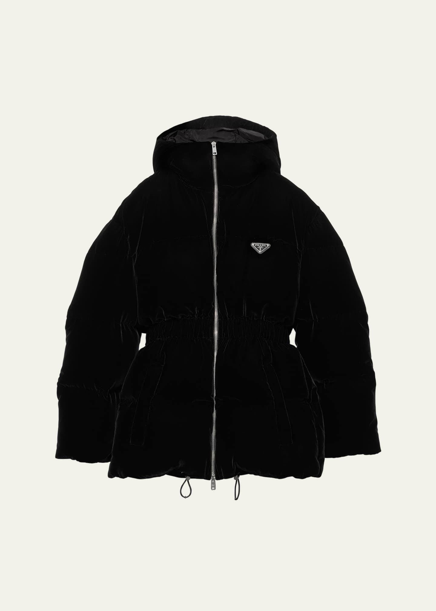 Prada Hooded Drawstring Velvet Puffer Jacket Image 1 of 4