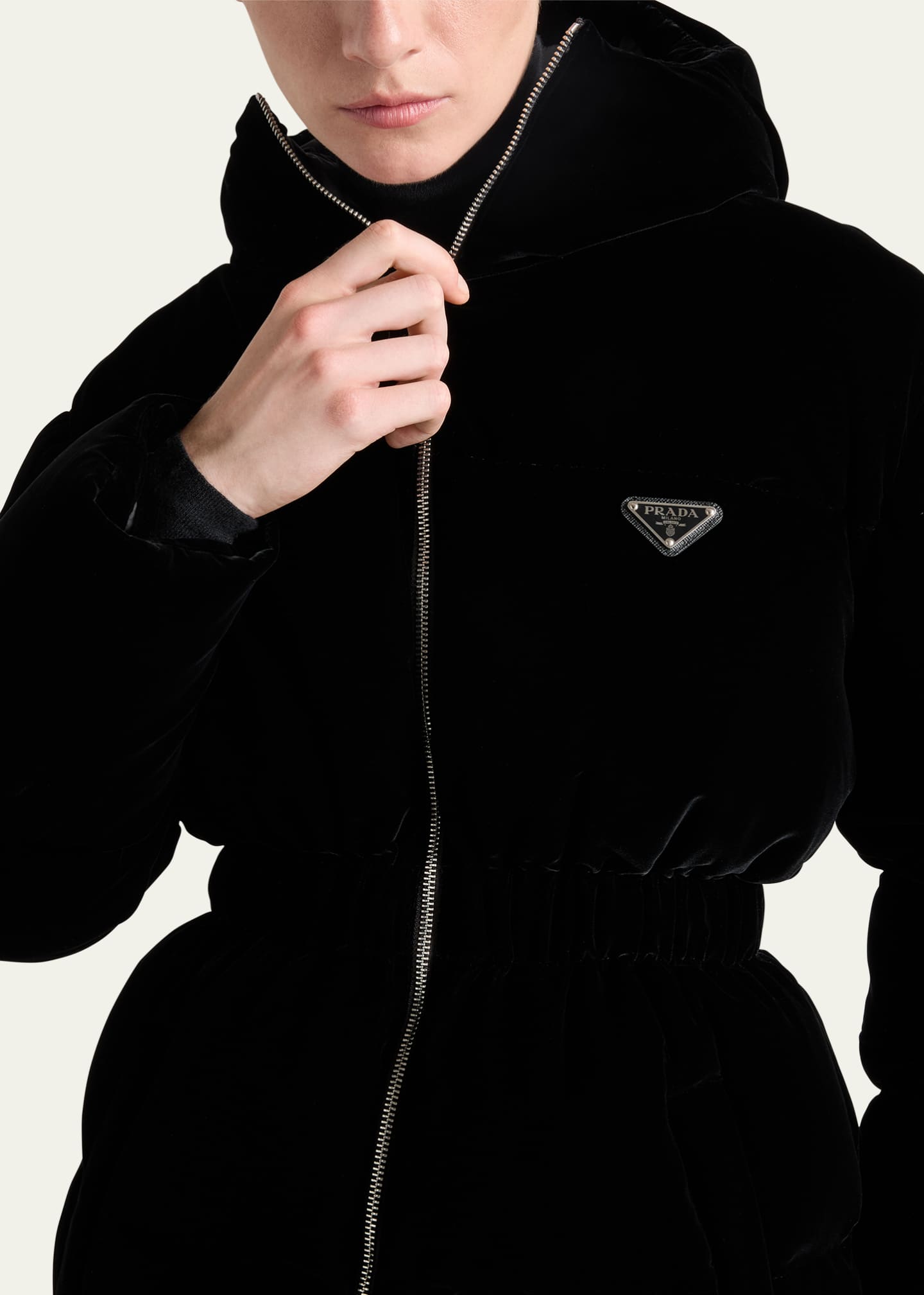 Prada Hooded Drawstring Velvet Puffer Jacket Image 4 of 4