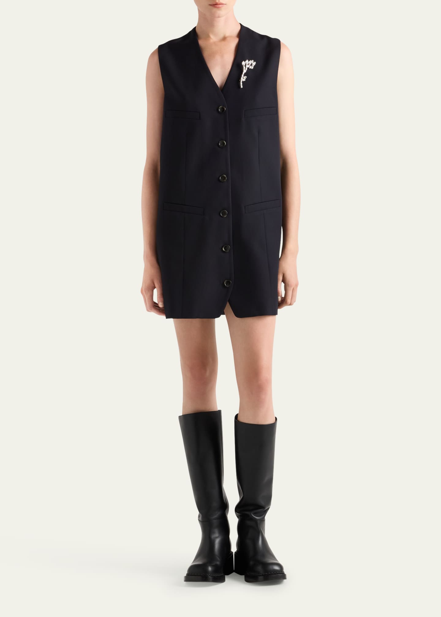 Prada Mini Wool Gabardine Vest Dress with Jeweled Brooch Image 2 of 3