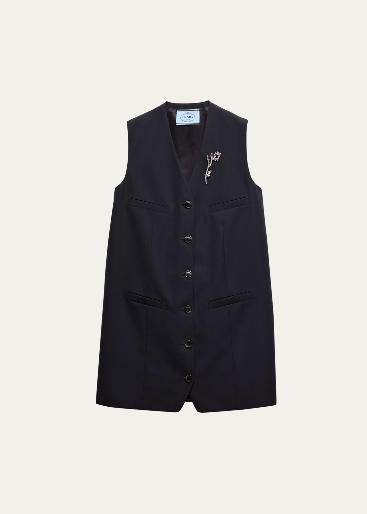 Prada Mini Wool Gabardine Vest Dress with Jeweled Brooch Image 1 of 3