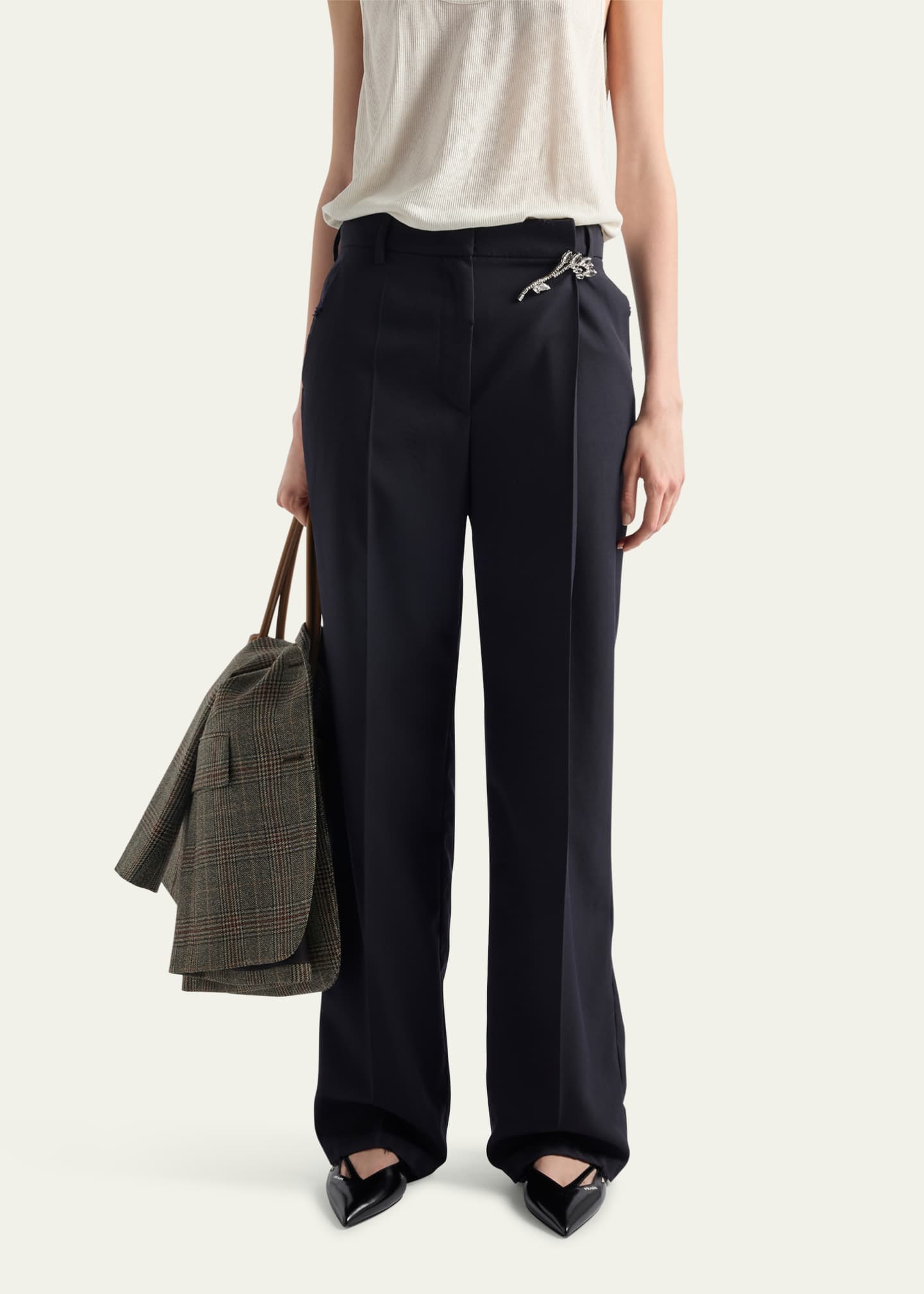 Prada Crystal Brooch Old Gabardine Wool Pants - Bergdorf Goodman