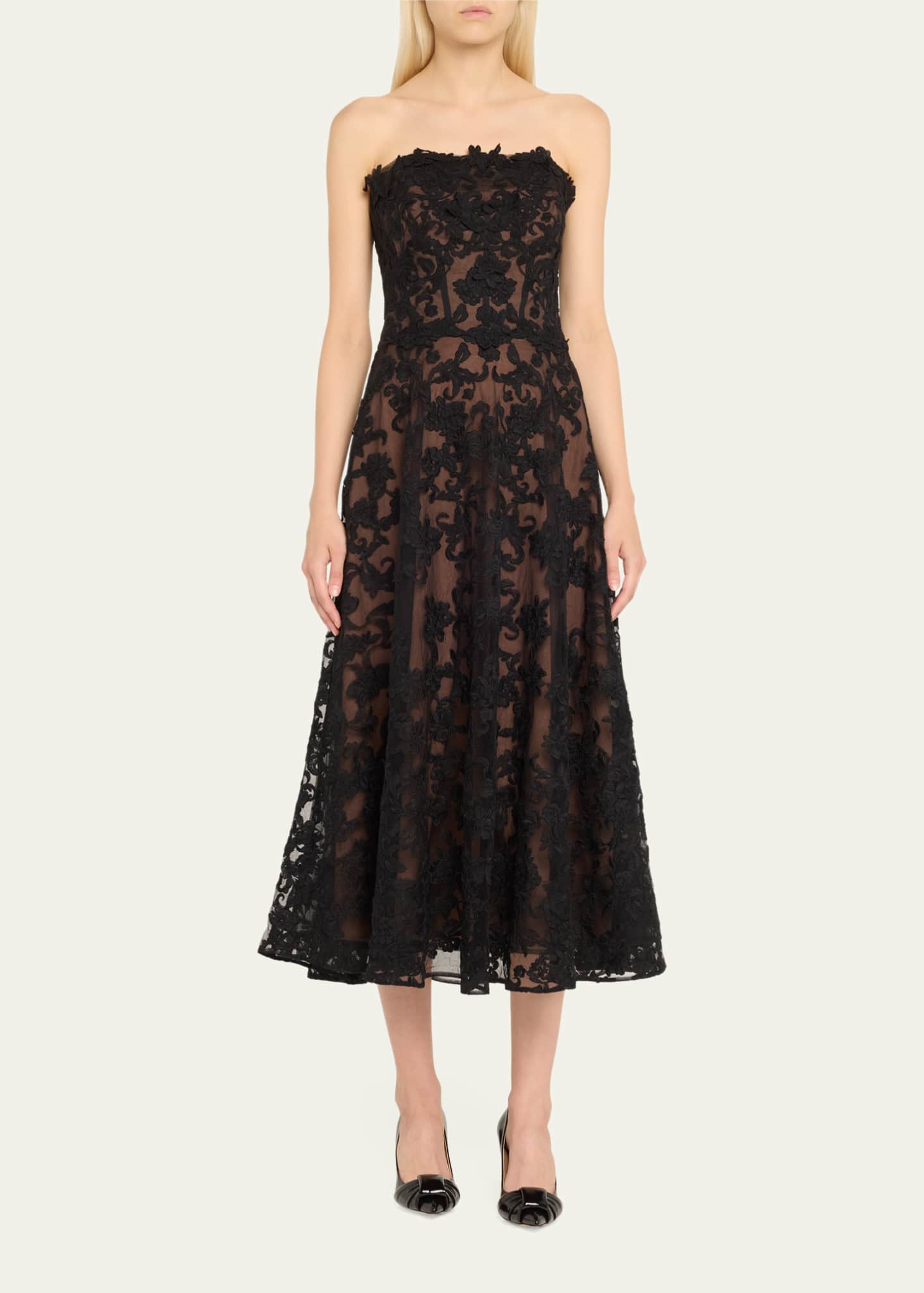 Marchesa Notte Strapless A-Line Lace Midi Dress Image 2 of 5