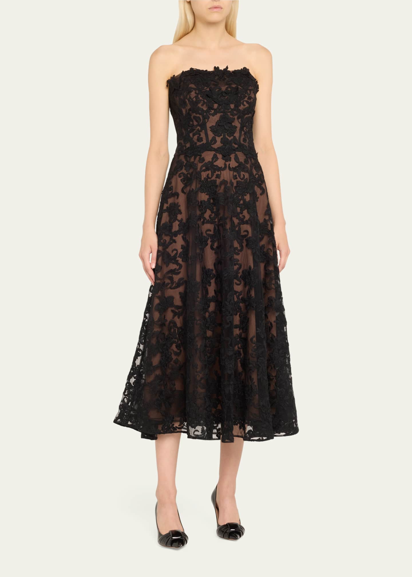 Marchesa Notte Strapless A-Line Lace Midi Dress Image 4 of 5