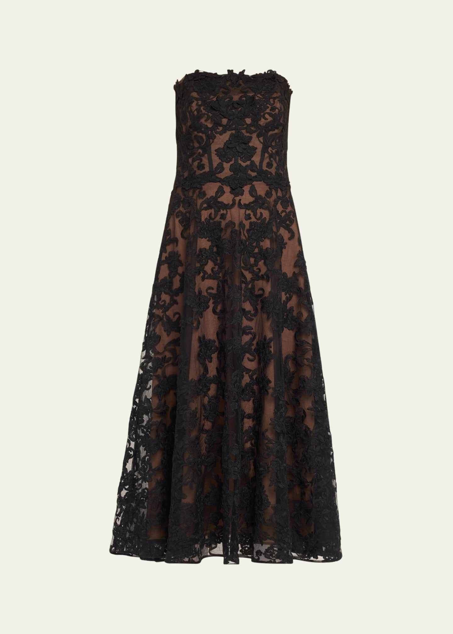 Marchesa Notte Strapless A-Line Lace Midi Dress Image 1 of 5