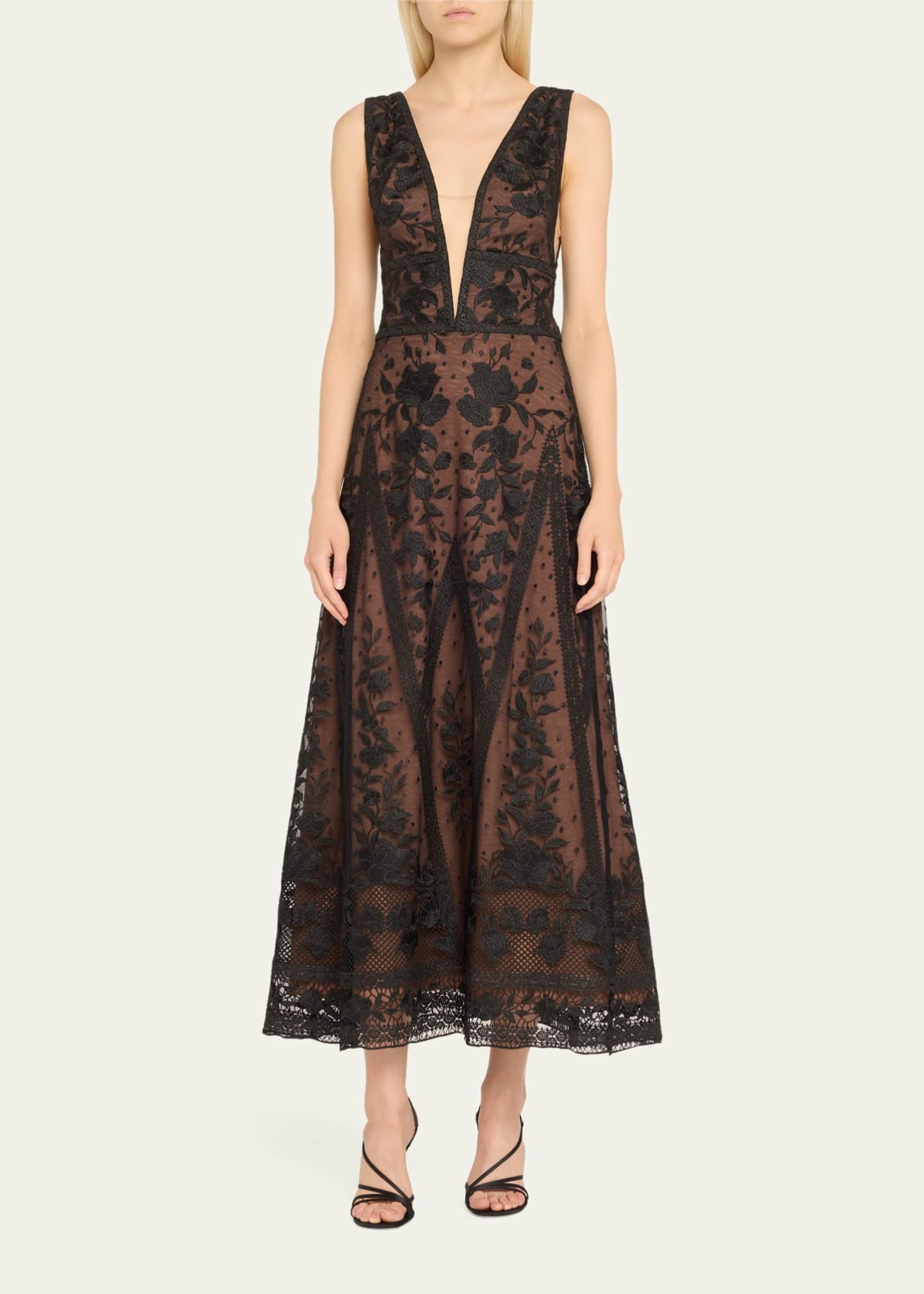 Marchesa Notte Deep V Neck Embroidered Tulle Midi Dress
