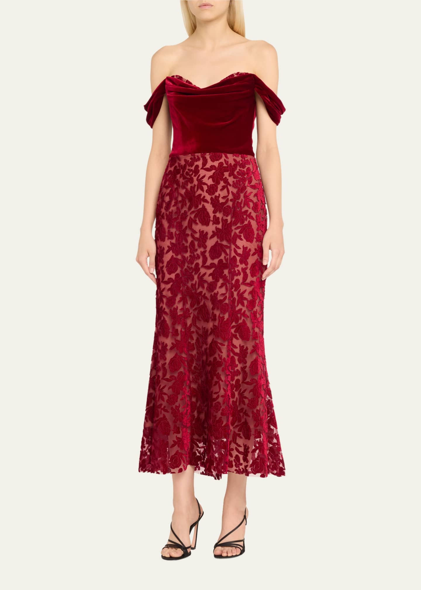 Marchesa Notte Off-Shoulder Floral Velvet Midi Dress