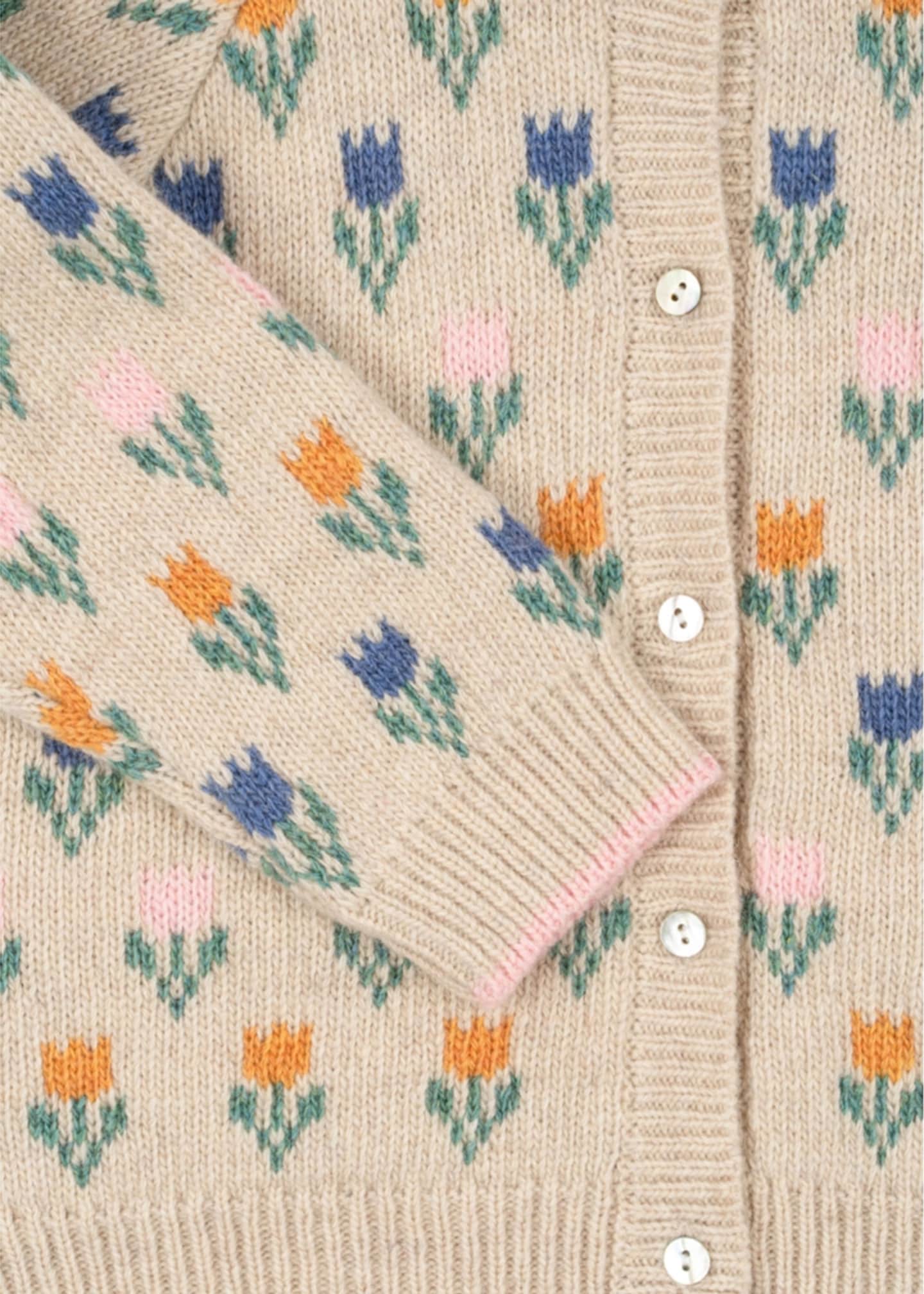 Floral Intarsia Knit Cardigan Sweater with Button Front
