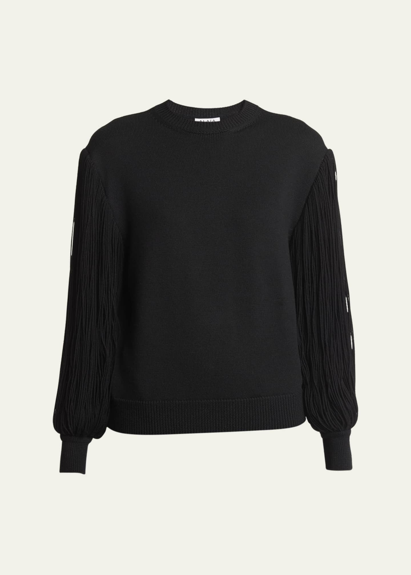 ALAIA Slit Fringe Sleeve Wool Crewneck Sweater
