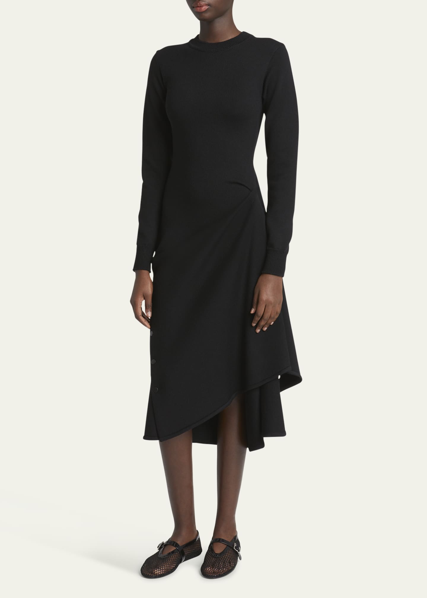 Asymmetric Side Snap Slit Midi Dress - Thumbnail 4