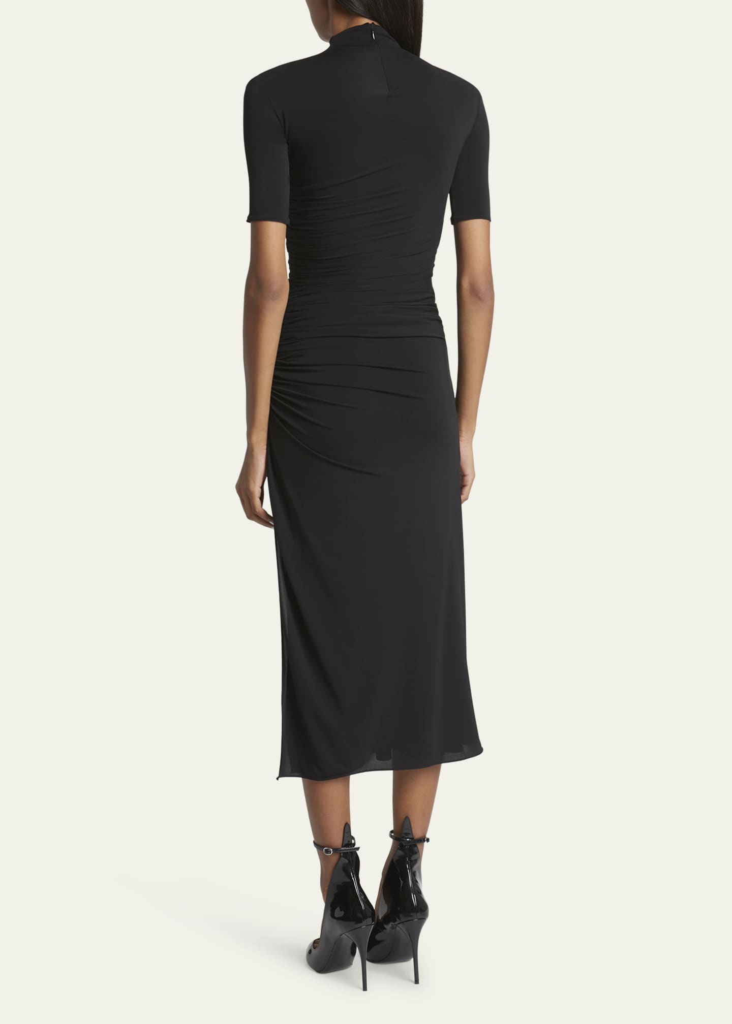 Mock-Neck Ruched Short-Sleeve Slit Midi Dress - Thumbnail 3