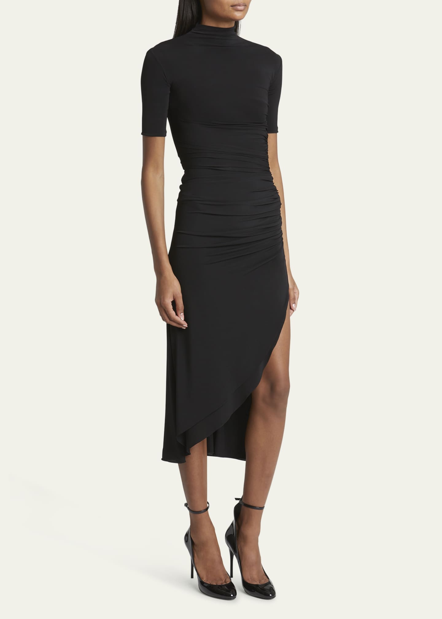 Mock-Neck Ruched Short-Sleeve Slit Midi Dress - Thumbnail 4