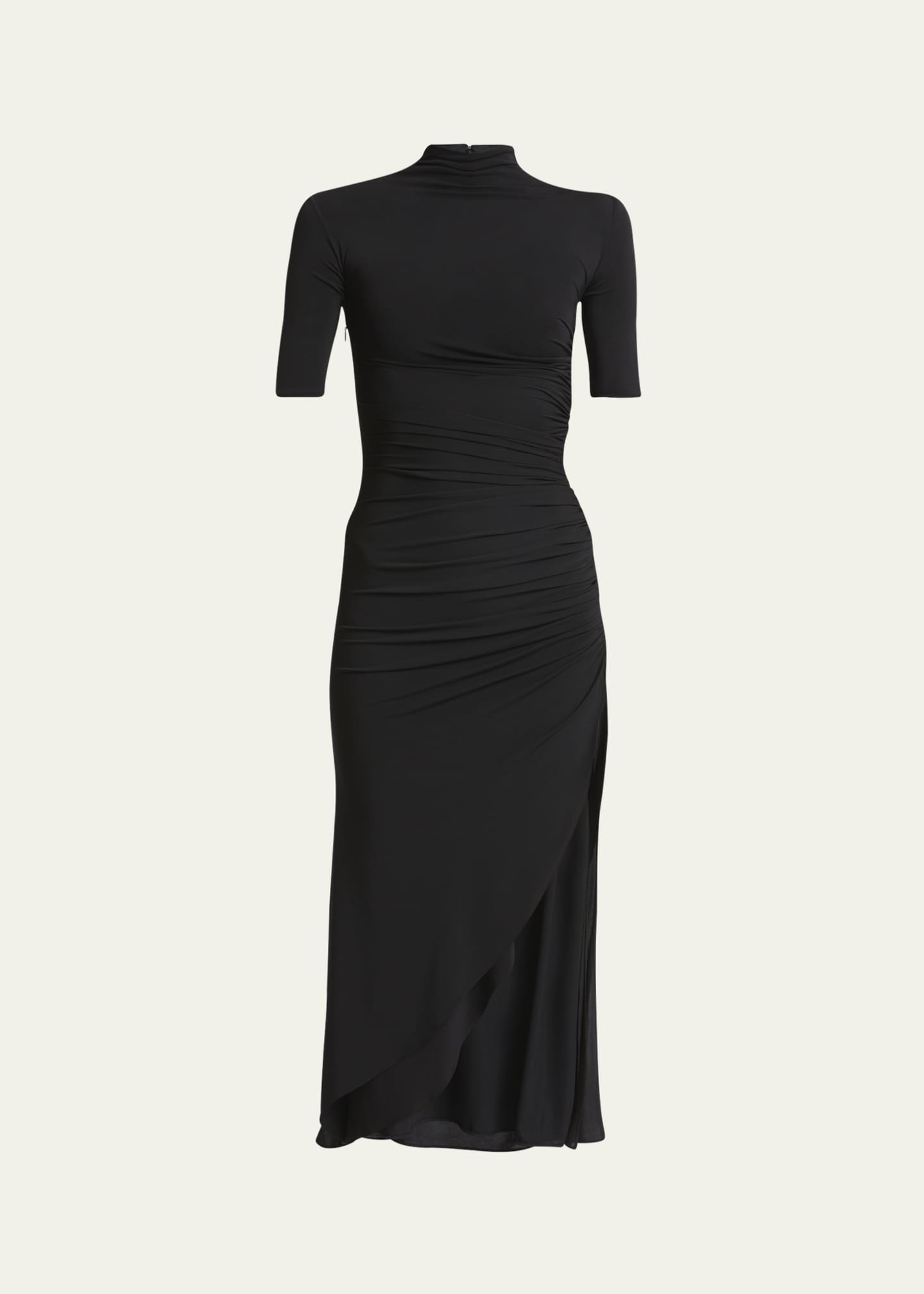 Mock-Neck Ruched Short-Sleeve Slit Midi Dress - Thumbnail 1