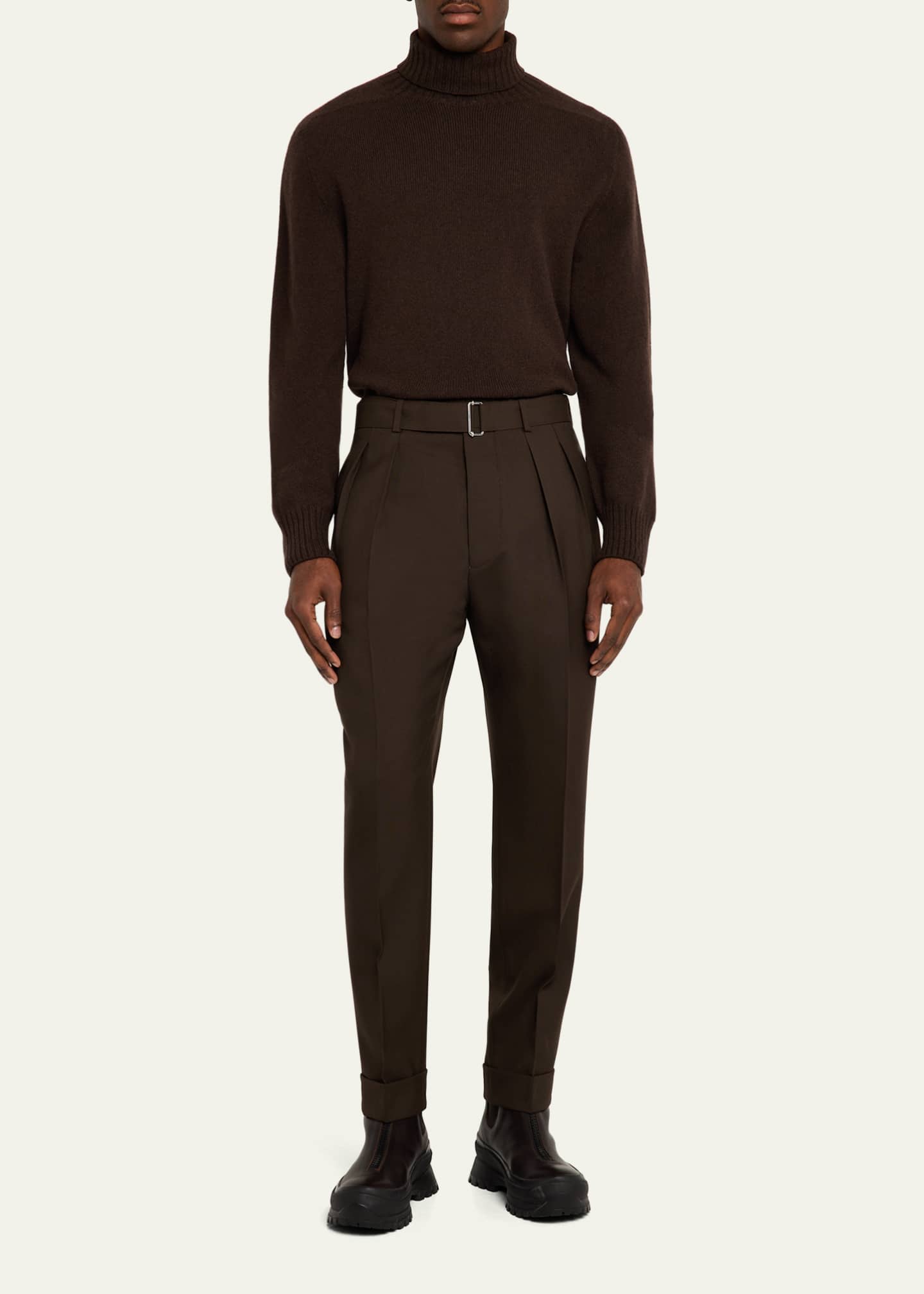 Officine Generale Men's Pleated Wool Pants with Self Belt Image 2 of 5
