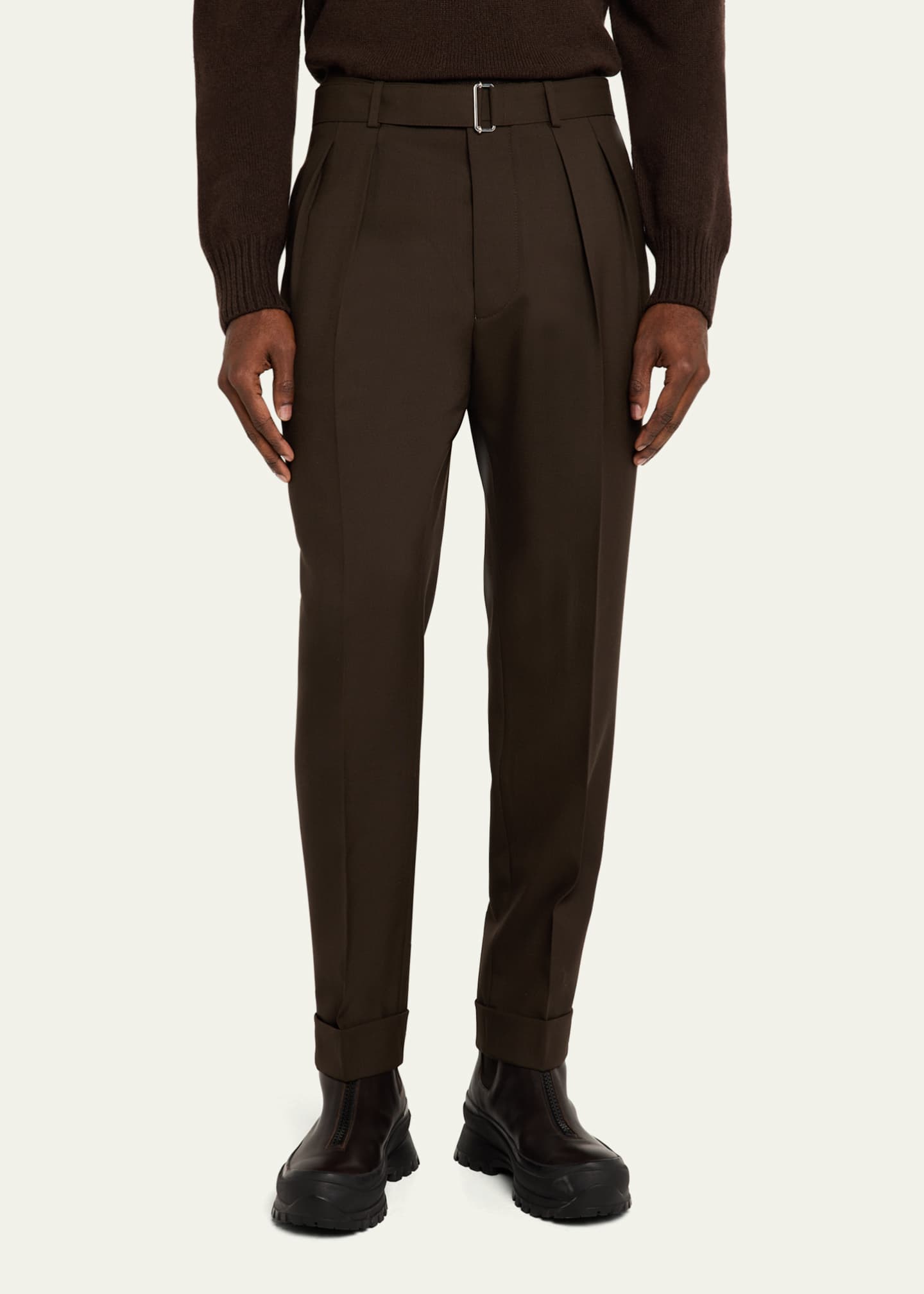 Officine Generale Men's Pleated Wool Pants with Self Belt Image 4 of 5