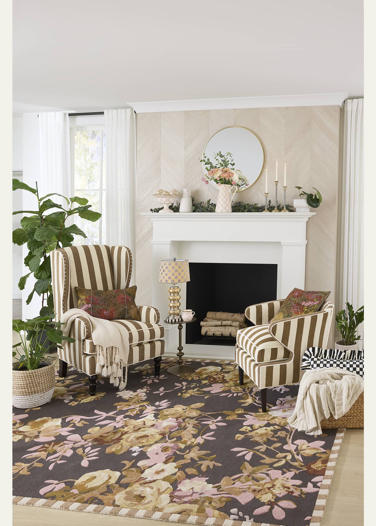 MacKenzieChilds Marquee Brown Stripe Chenille Wing Chair Bergdorf