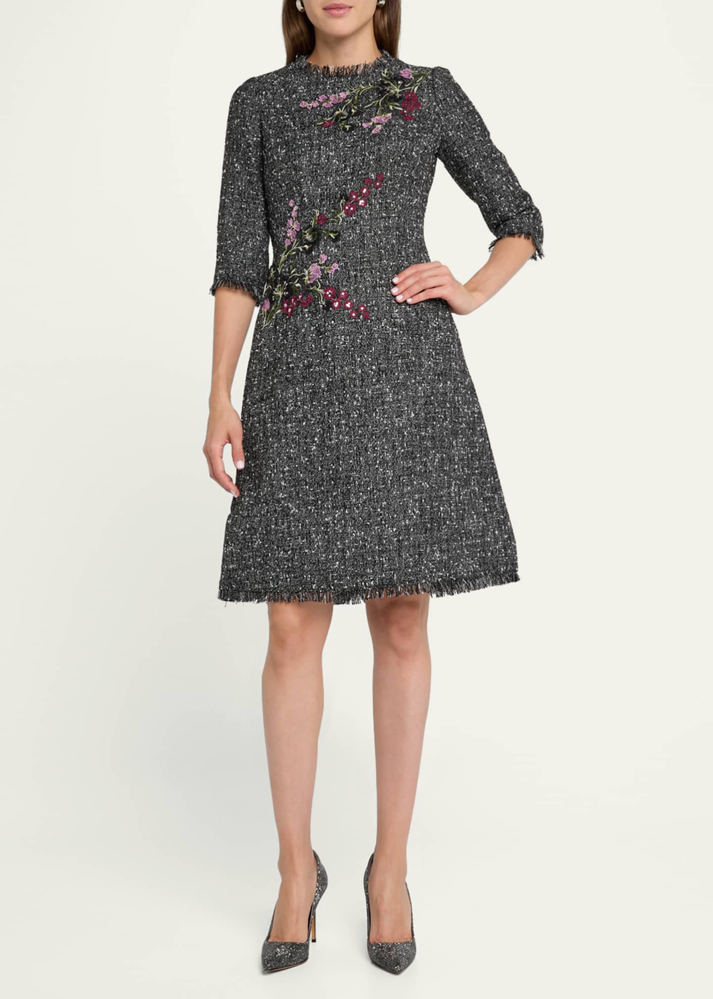 Rickie Freeman for Teri Jon Fringe-Trim Floral Applique Tweed Dress Image 2 of 5
