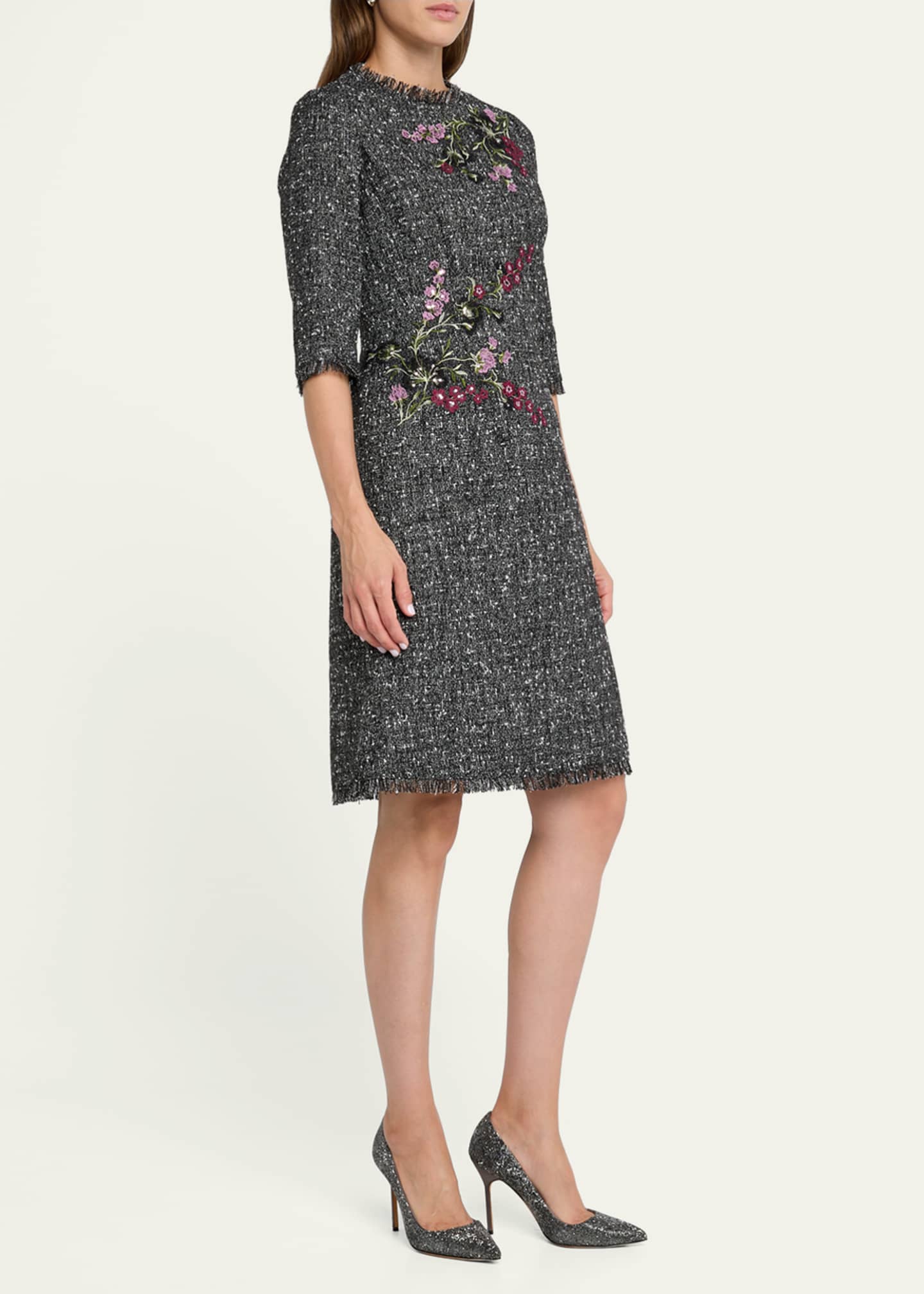 Rickie Freeman for Teri Jon Fringe-Trim Floral Applique Tweed Dress Image 4 of 5