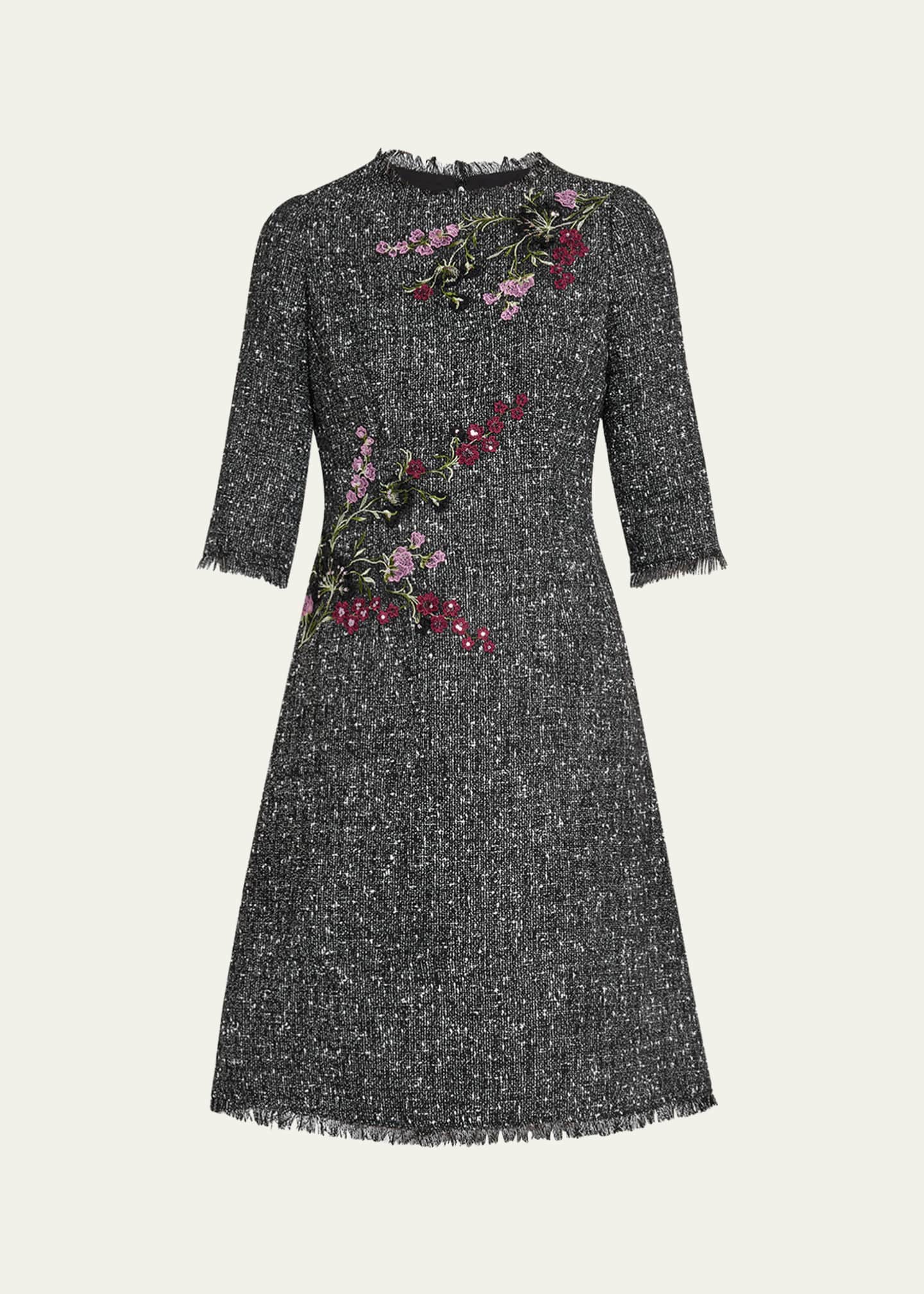 Rickie Freeman for Teri Jon Fringe-Trim Floral Applique Tweed Dress Image 1 of 5
