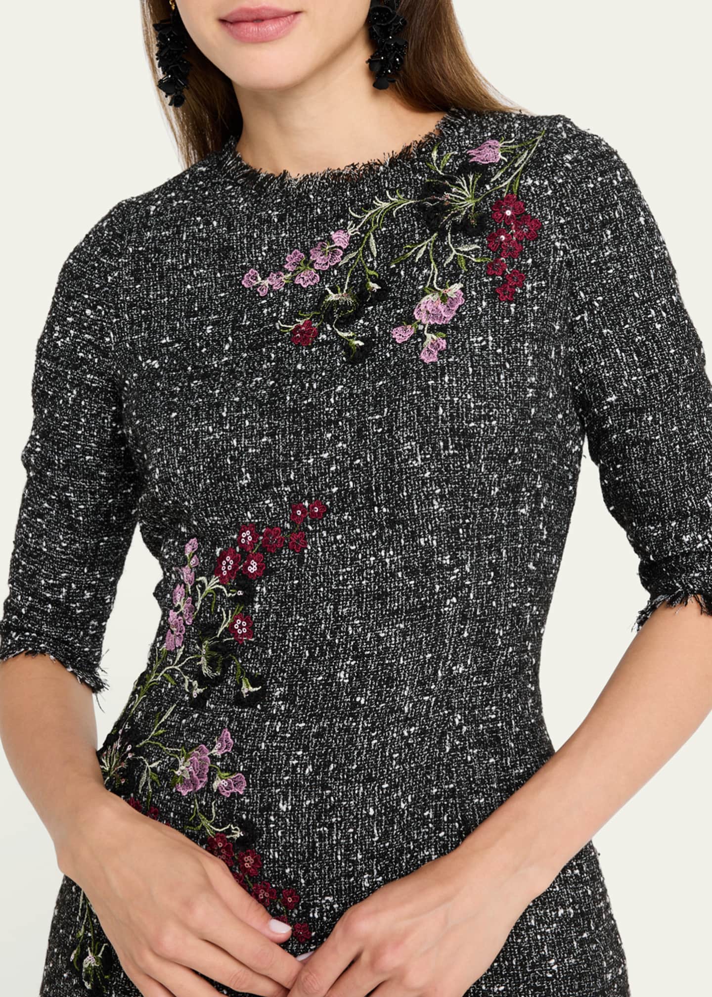 Rickie Freeman for Teri Jon Fringe-Trim Floral Applique Tweed Dress Image 5 of 5