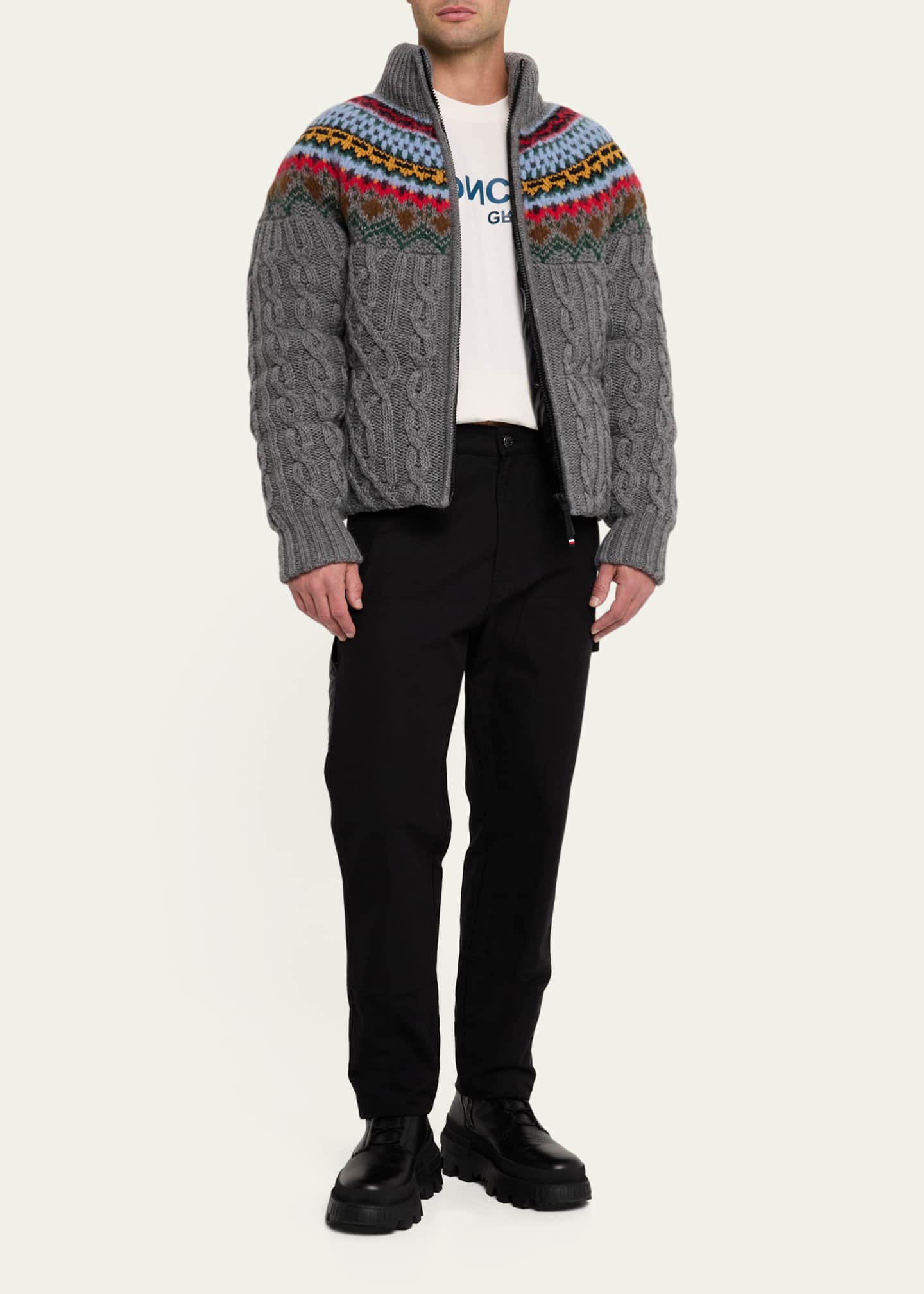 Moncler Grenoble Men's Padded Wool Cable-Knit Zip-Up Sweater Image 2 of 5