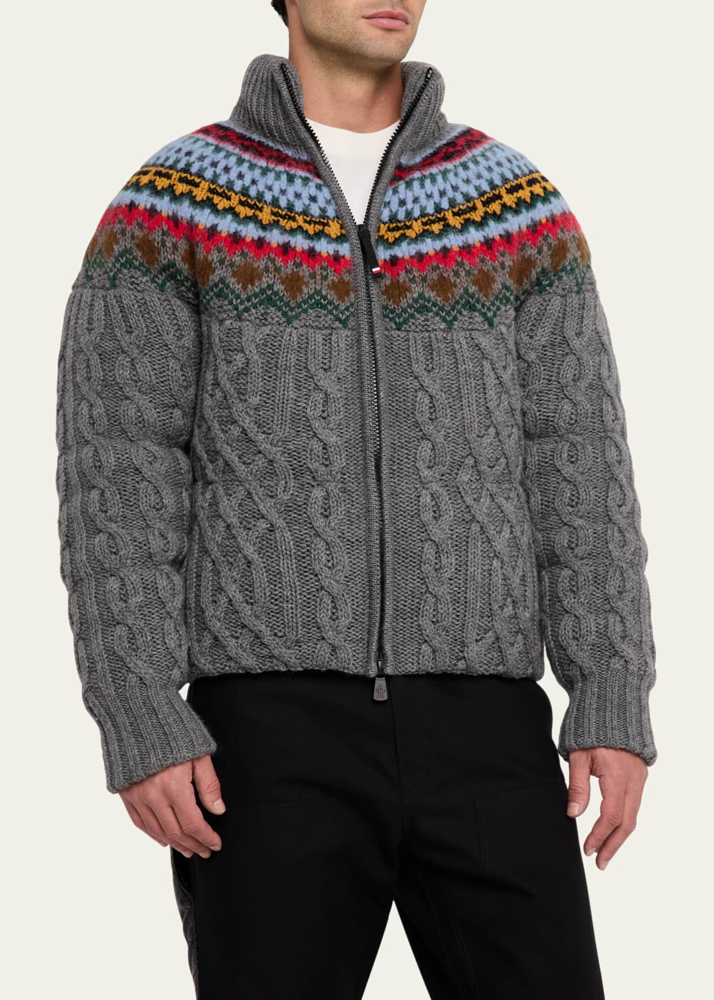 Moncler Grenoble Men's Padded Wool Cable-Knit Zip-Up Sweater Image 4 of 5