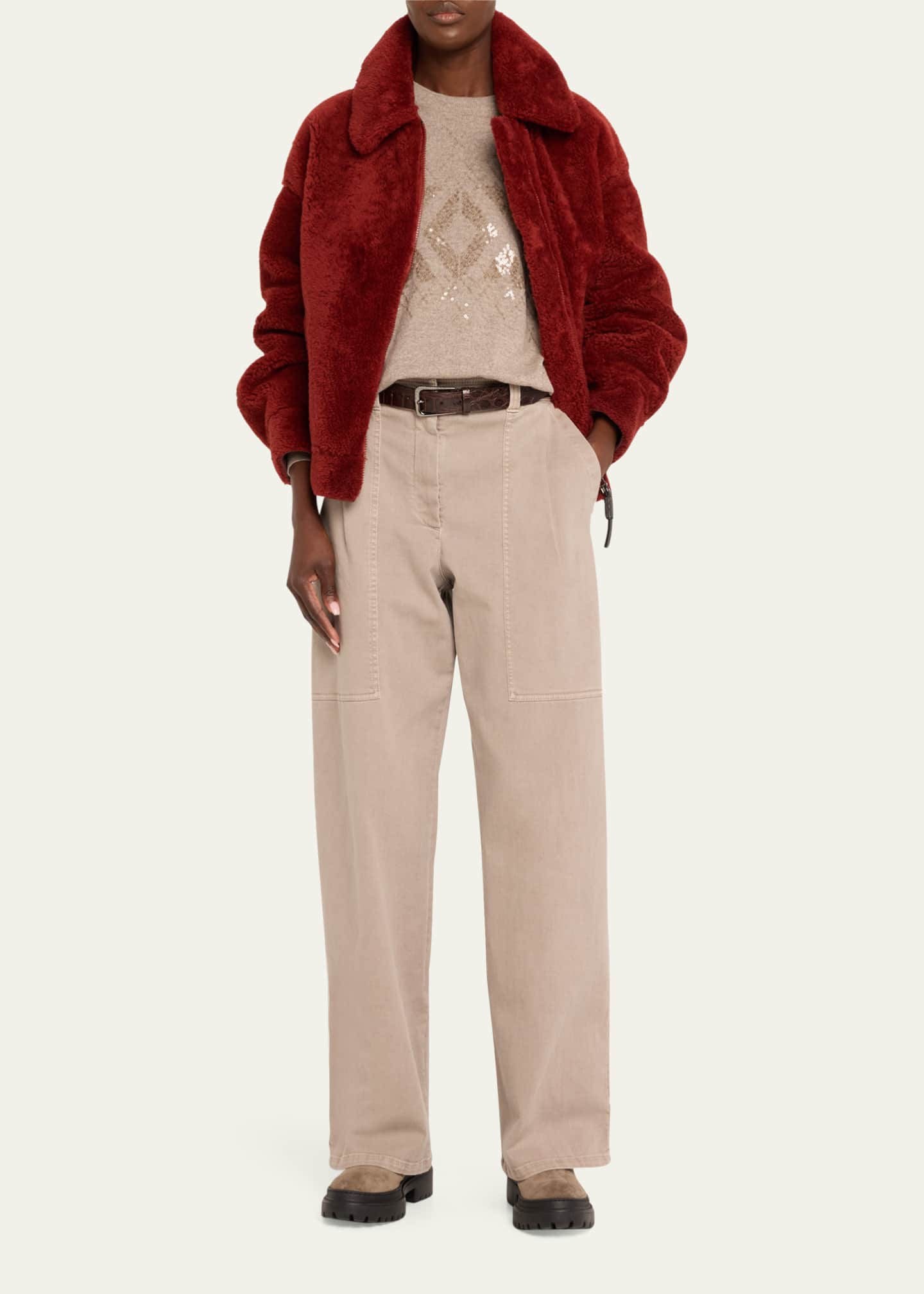 Brunello Cucinelli Dyed Shearling Short Jacket with Contrast Monili Zipper Image 2 of 5