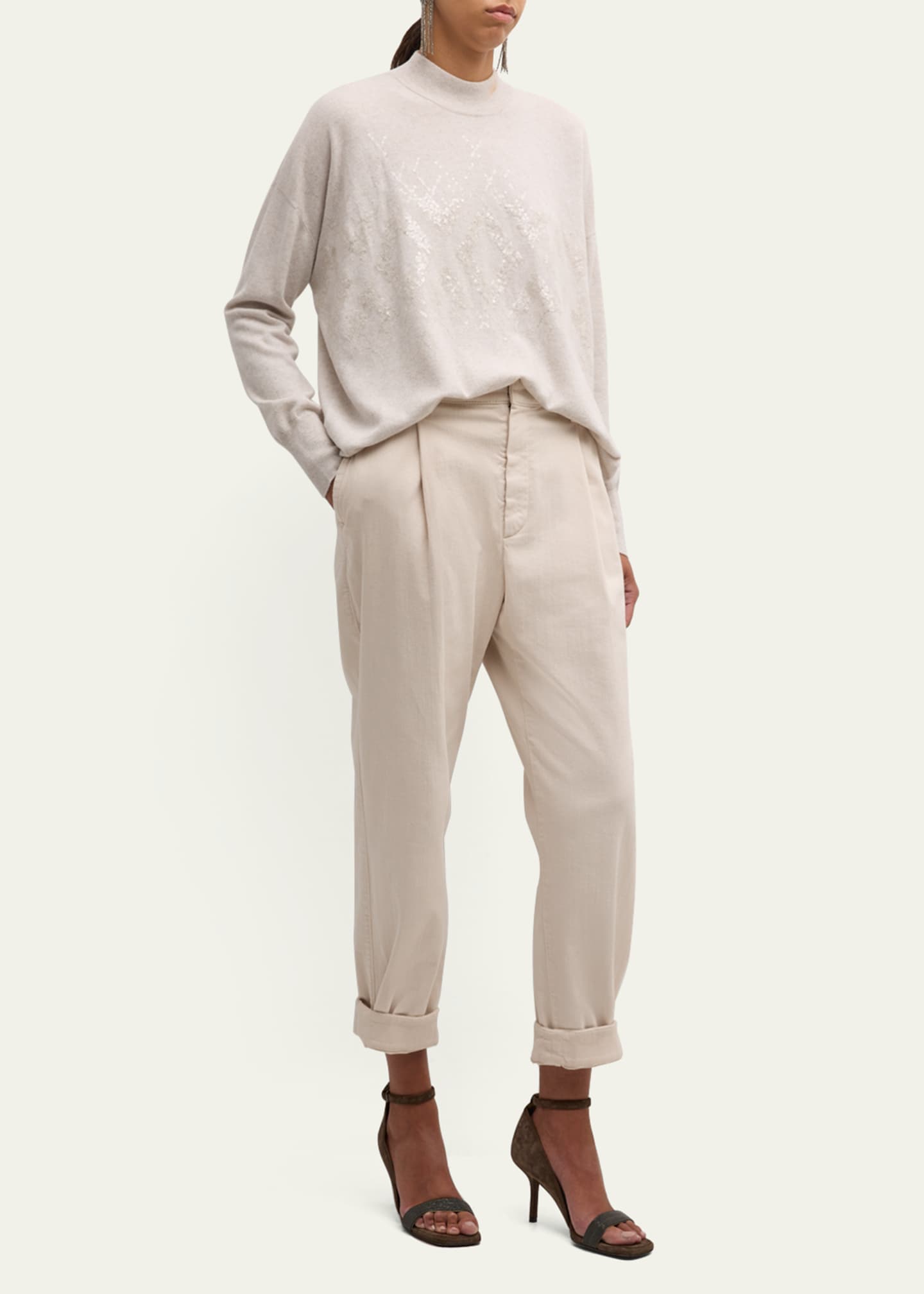 Brunello Cucinelli Mock-Neck Tonal Mountain Mosaic Sequin Cashmere Sweater Image 2 of 5