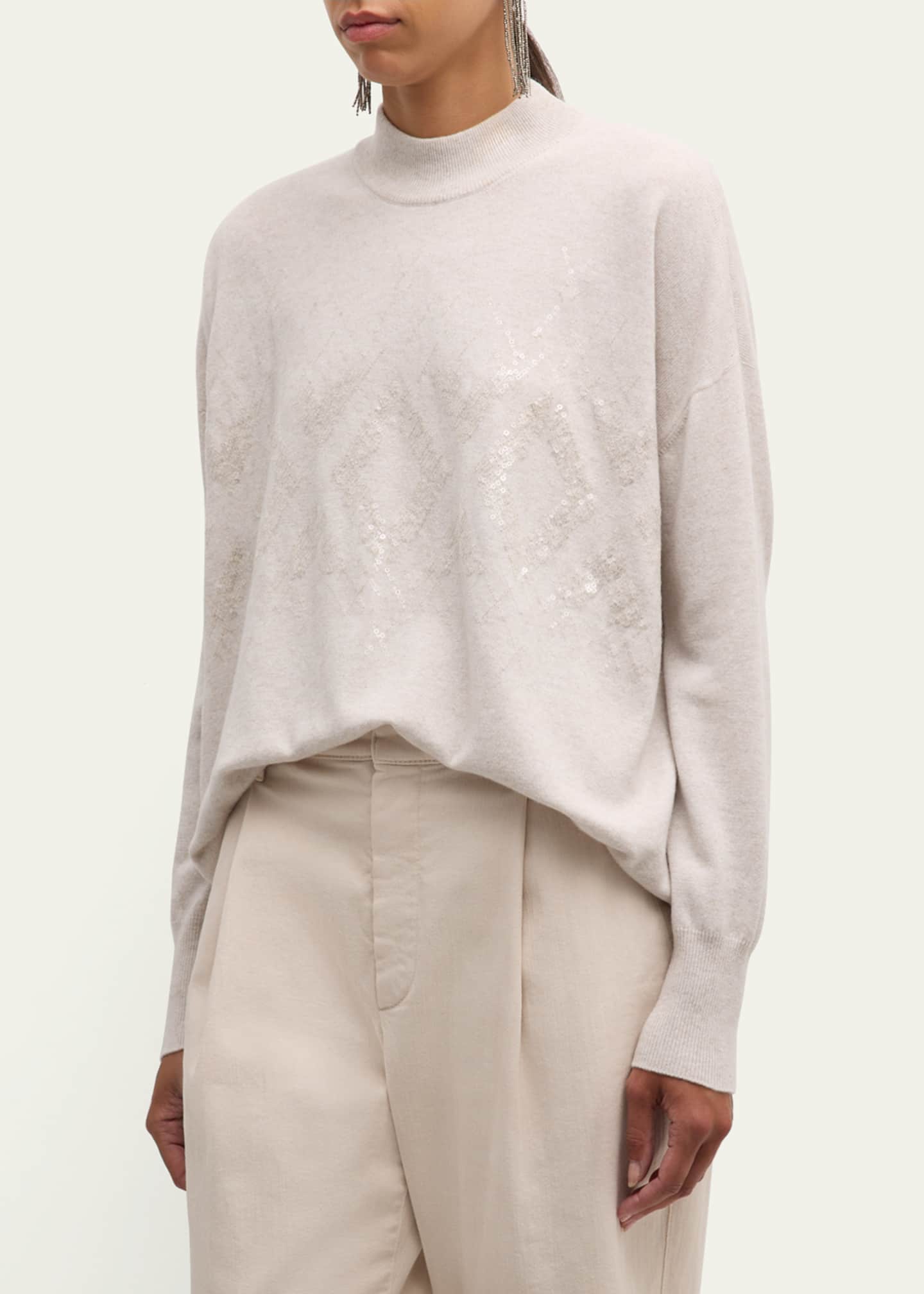 Brunello Cucinelli Mock-Neck Tonal Mountain Mosaic Sequin Cashmere Sweater Image 4 of 5