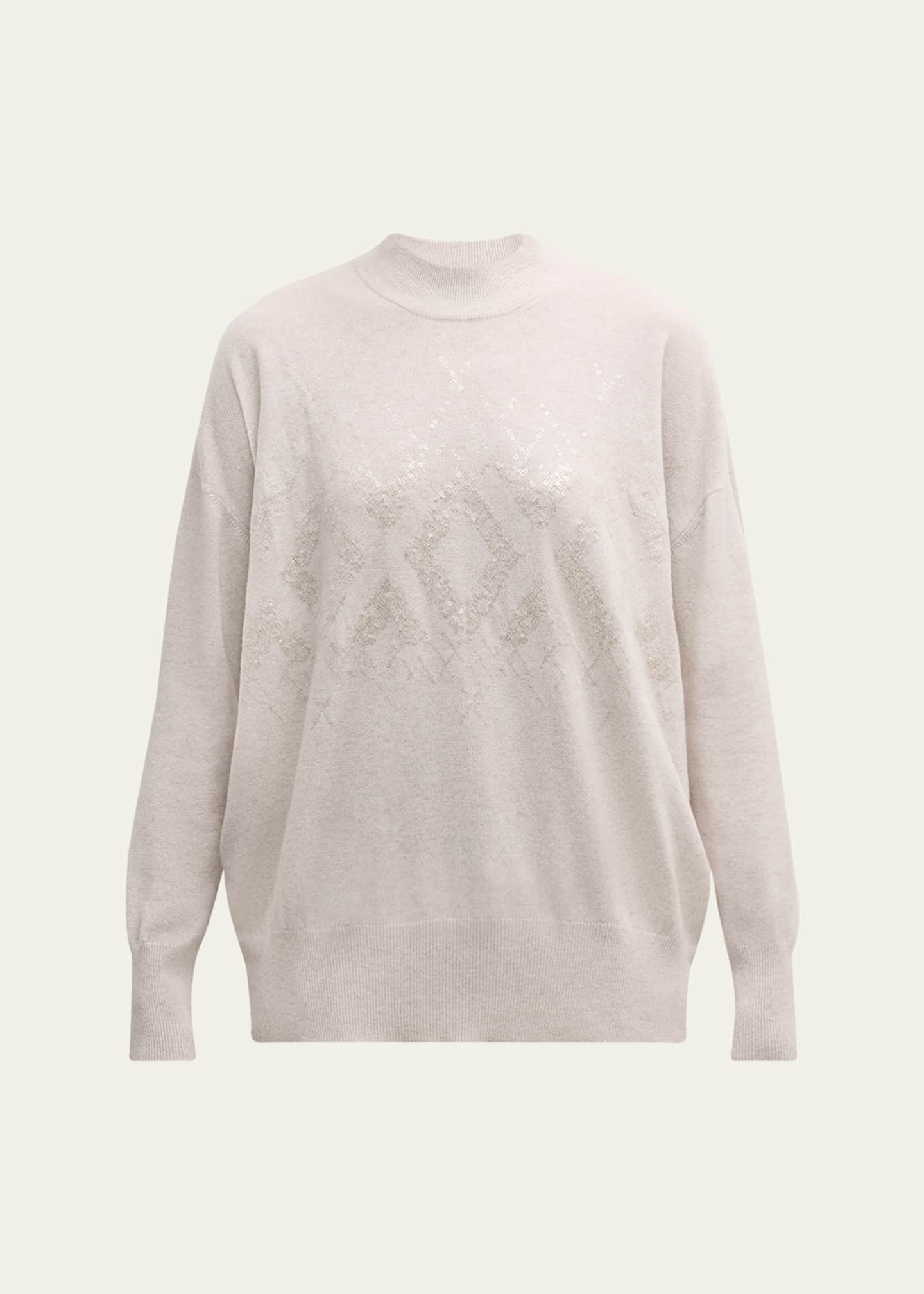 Brunello Cucinelli Mock-Neck Tonal Mountain Mosaic Sequin Cashmere Sweater Image 1 of 5