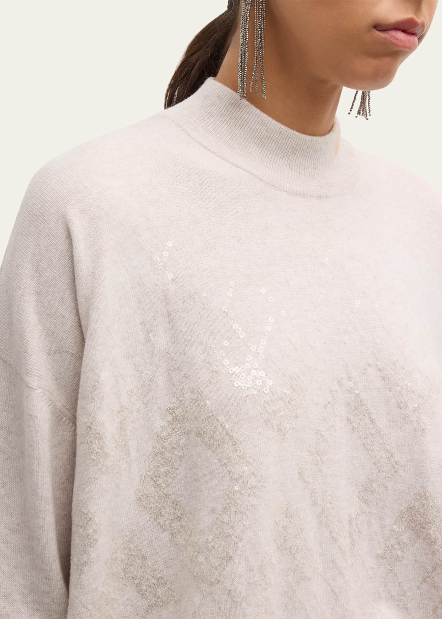 Brunello Cucinelli Mock-Neck Tonal Mountain Mosaic Sequin Cashmere Sweater Image 5 of 5