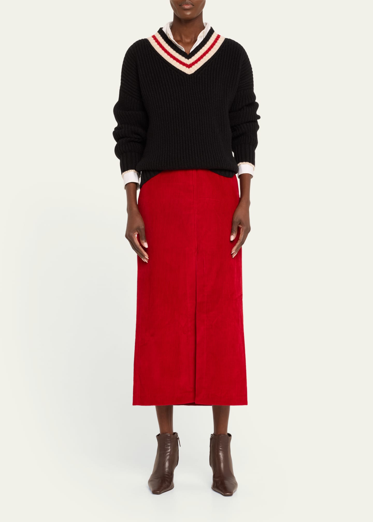 Brunello Cucinelli Cashmere English Ribbed Sweater with Varsity Stripes Image 2 of 5