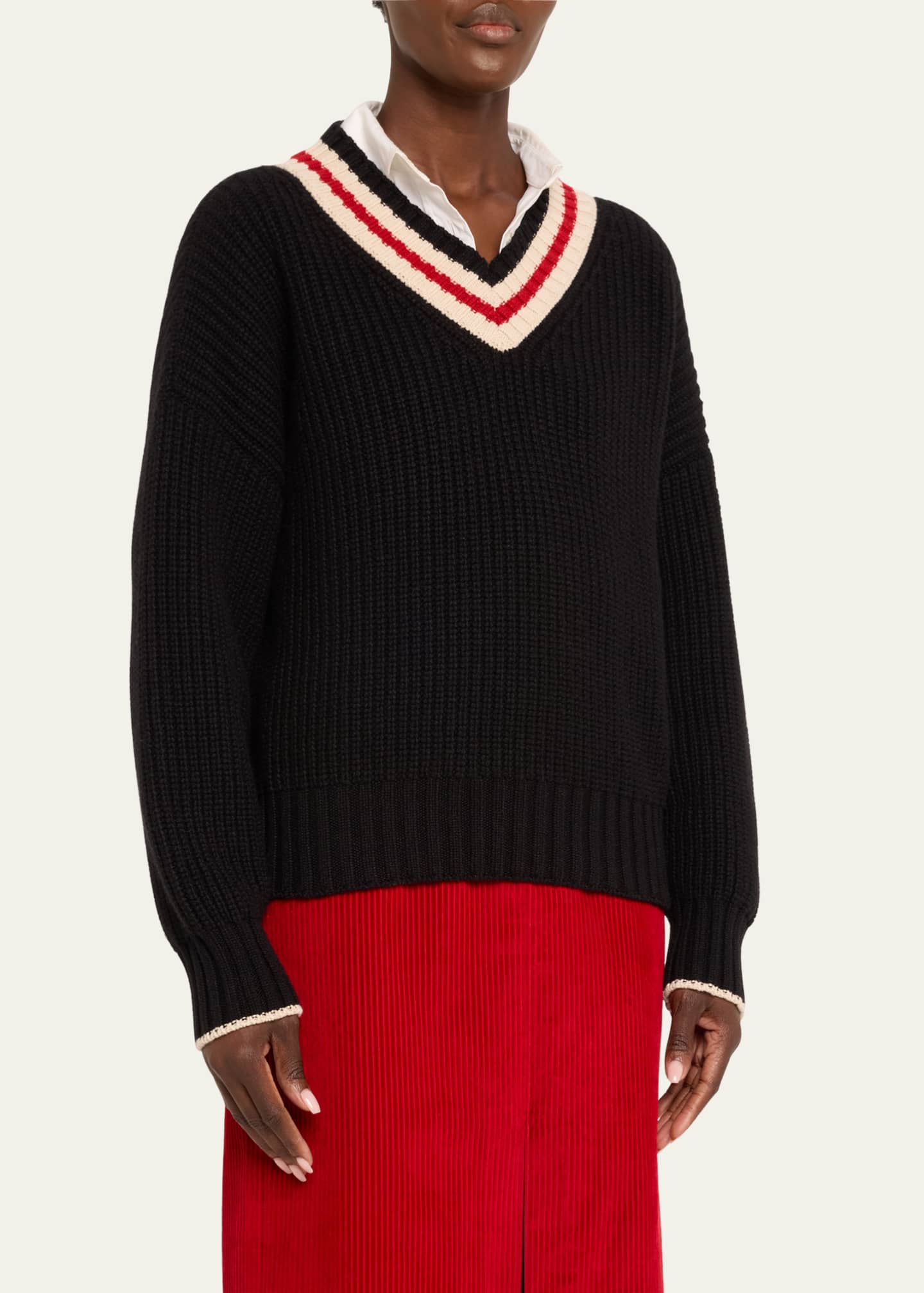 Brunello Cucinelli Cashmere English Ribbed Sweater with Varsity Stripes Image 4 of 5