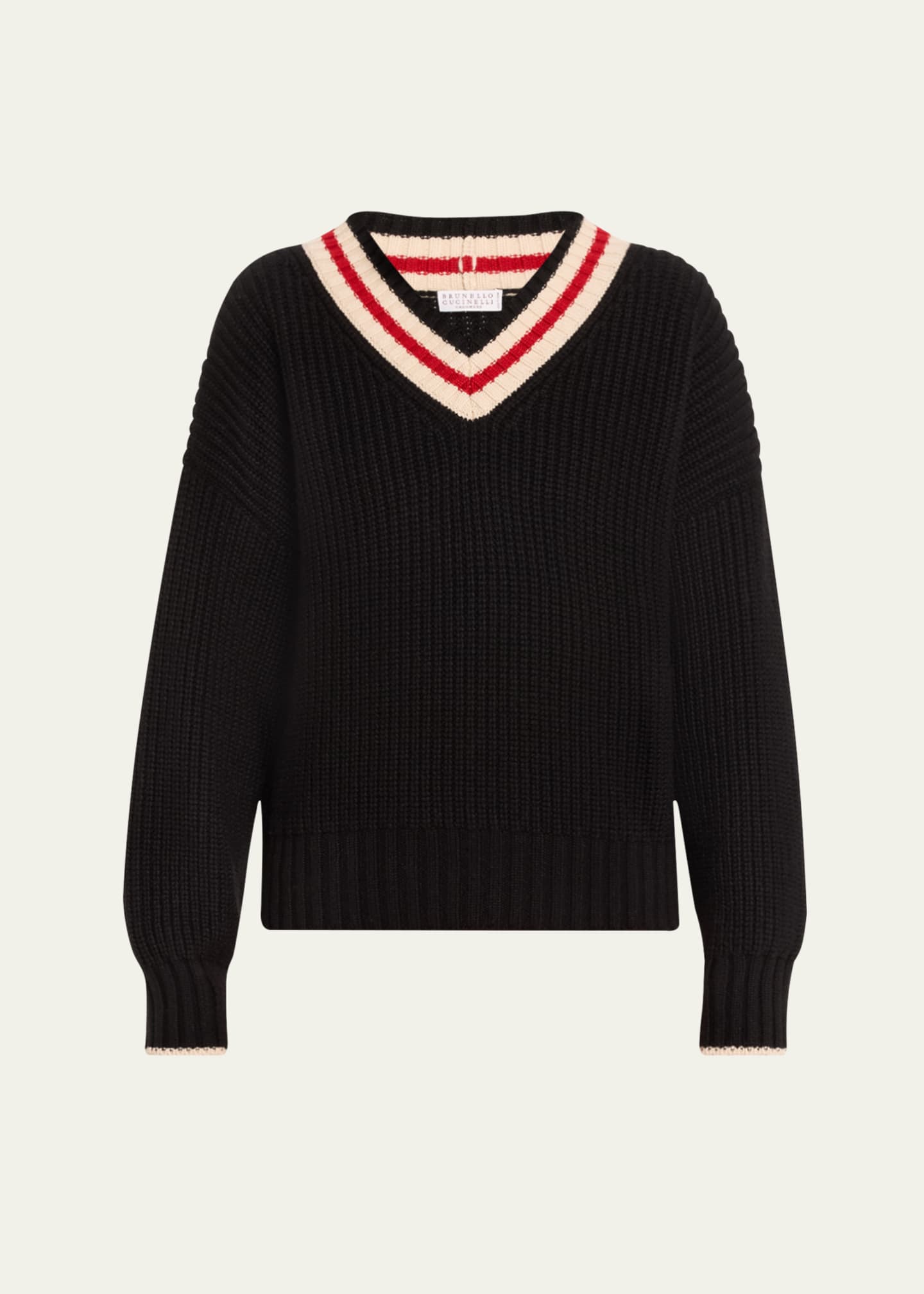 Brunello Cucinelli Cashmere English Ribbed Sweater with Varsity Stripes Image 1 of 5