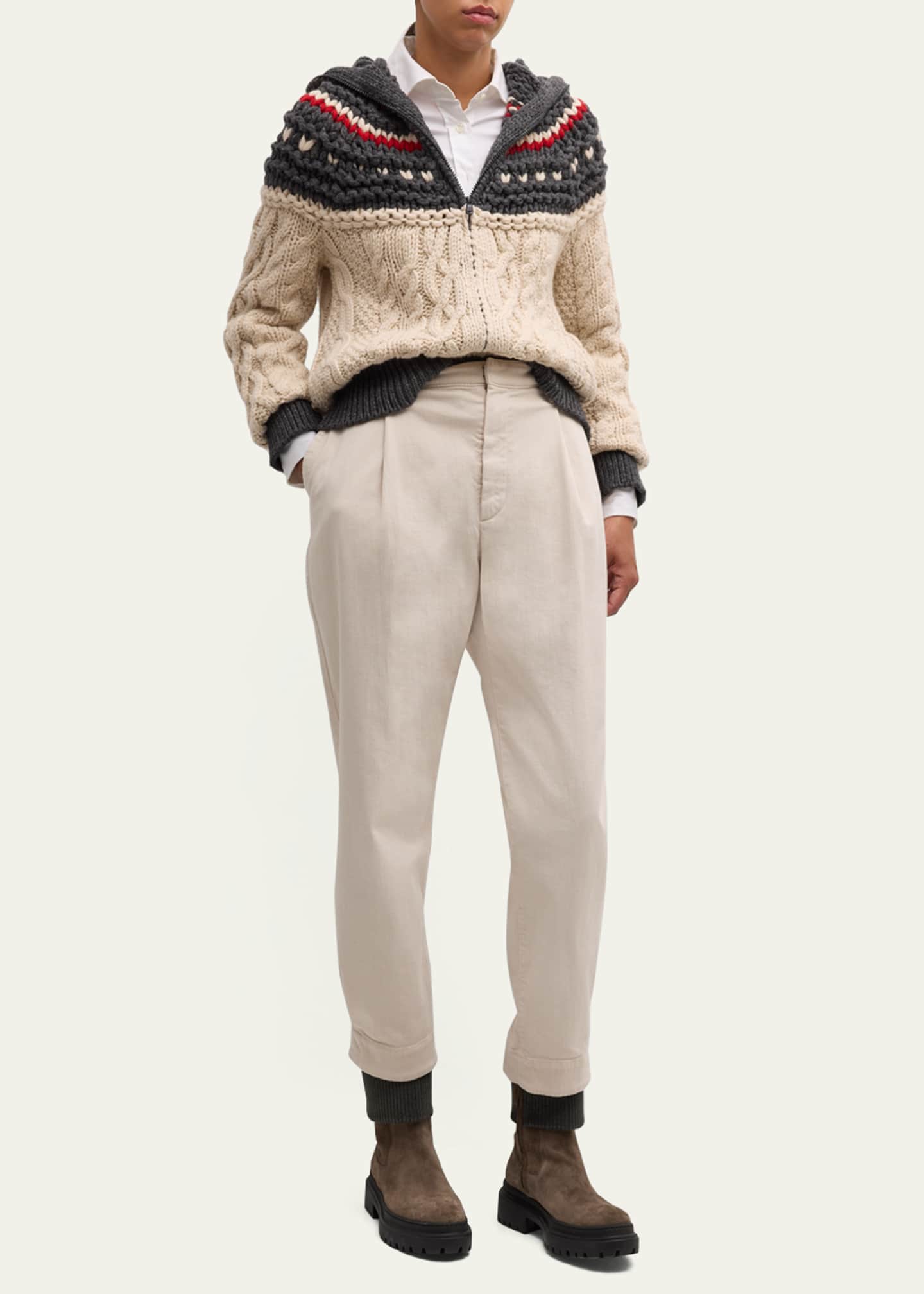 Brunello Cucinelli Pleated Straight-Leg Ankle Cotton Pants With Monili Belt Loop Image 2 of 5